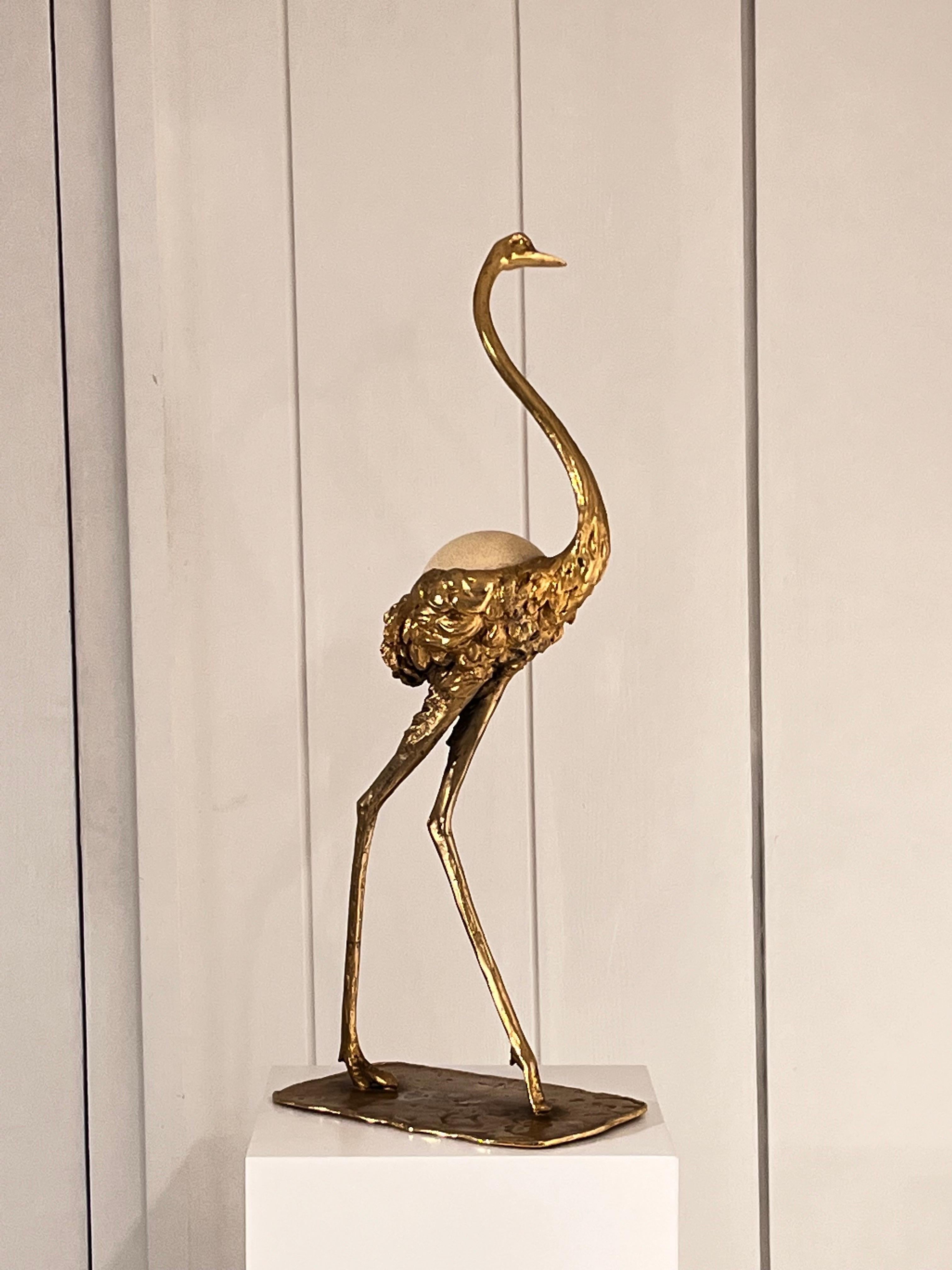 Late 20th Century Gabriella Crespi Bronze Ostrich Sculpture with Ostrich Egg