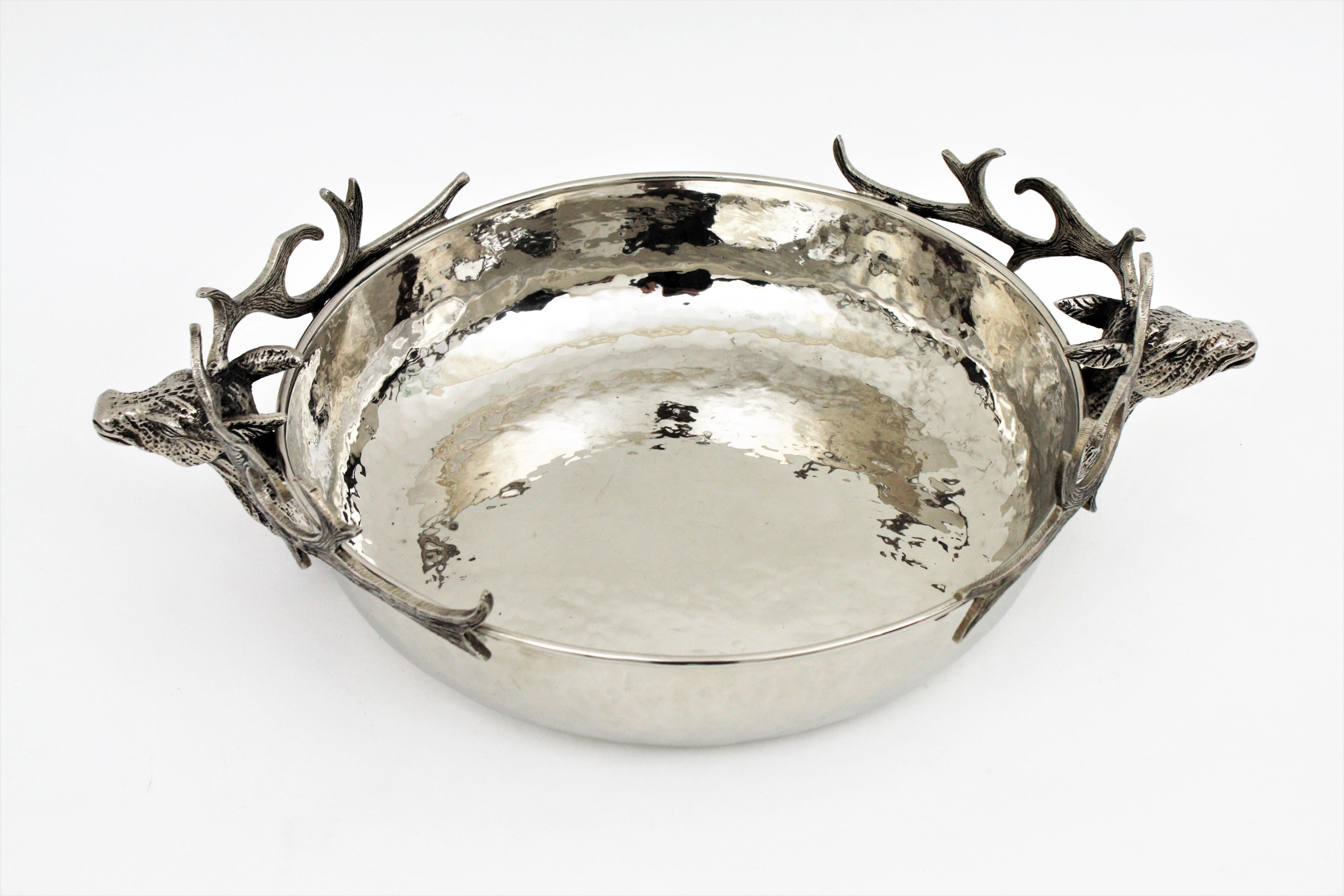 Metal Deer Heads Centerpiece Bowl in Silver Plate For Sale