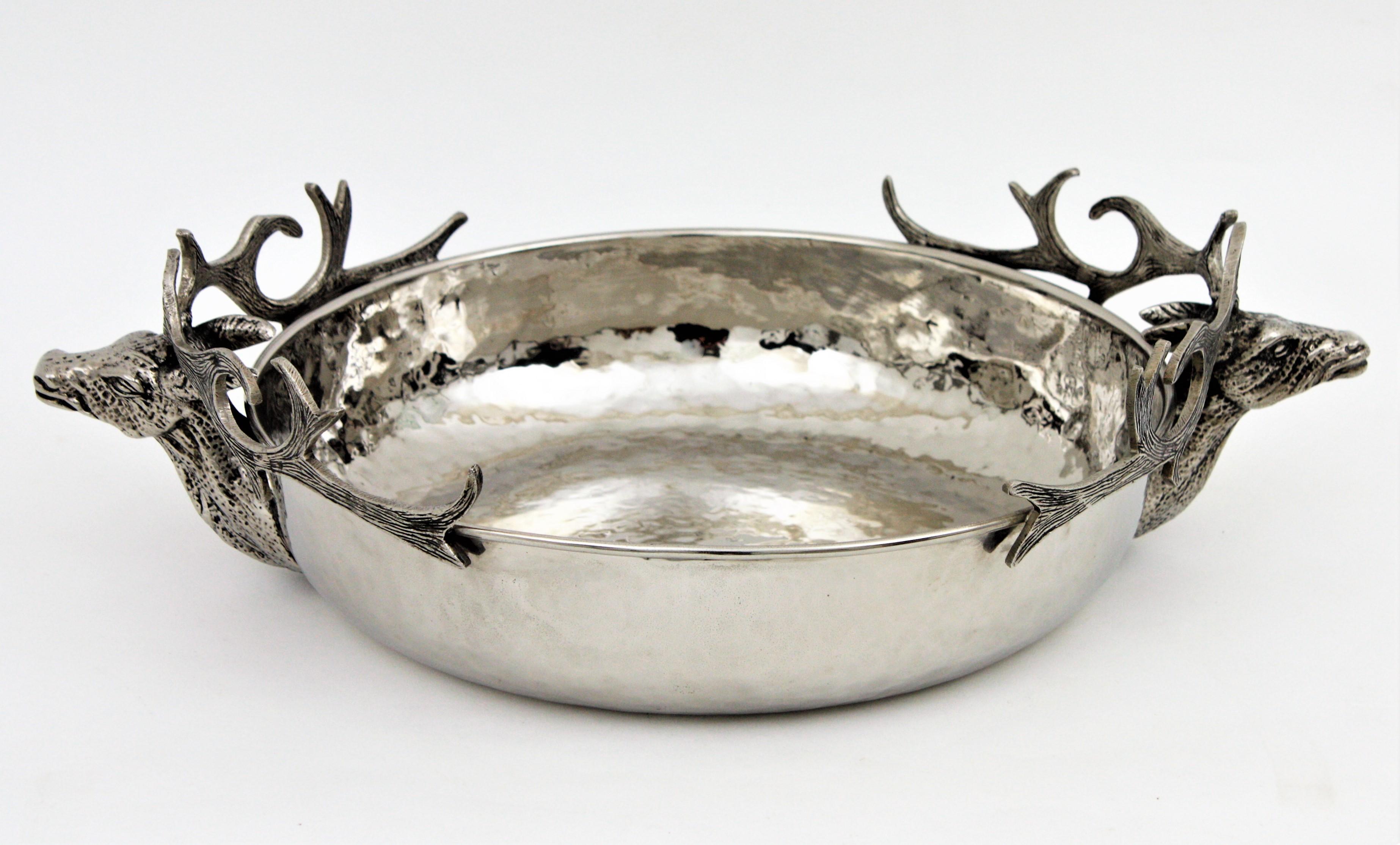 Mid-Century Modern Deer Heads Centerpiece Bowl in Silver Plate For Sale