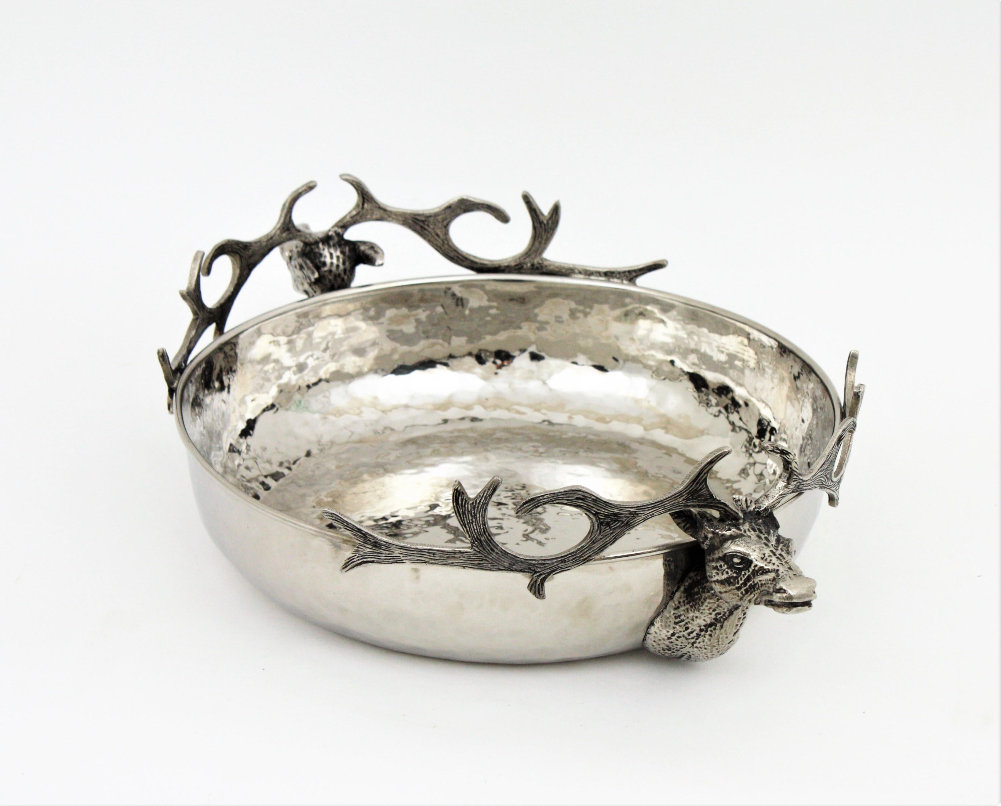 Hammered Deer Heads Centerpiece Bowl in Silver Plate For Sale