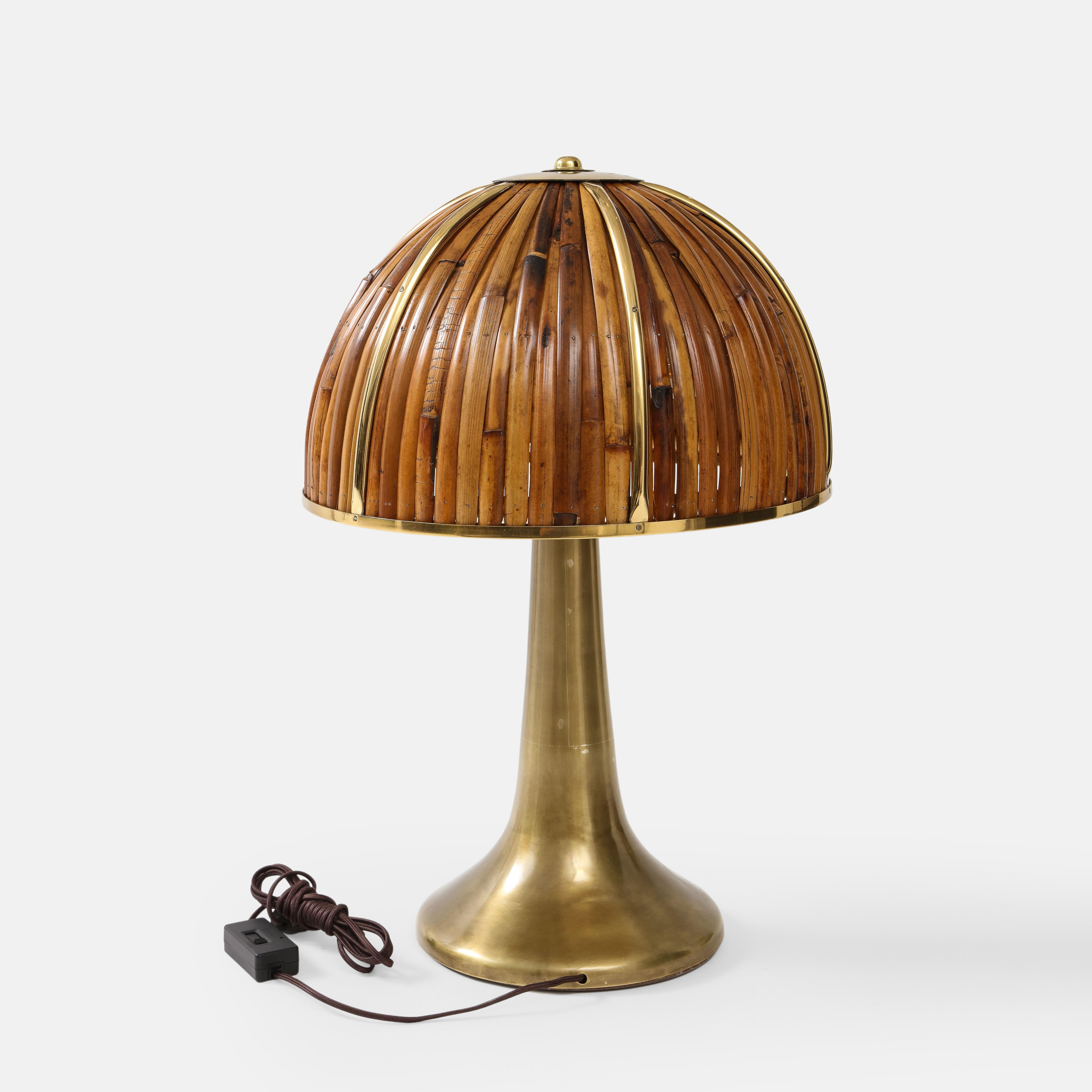 Gabriella Crespi Seltene „Fungo“-Tischlampe aus Bambus und Messing, Italien, 1970er Jahre (Moderne der Mitte des Jahrhunderts) im Angebot