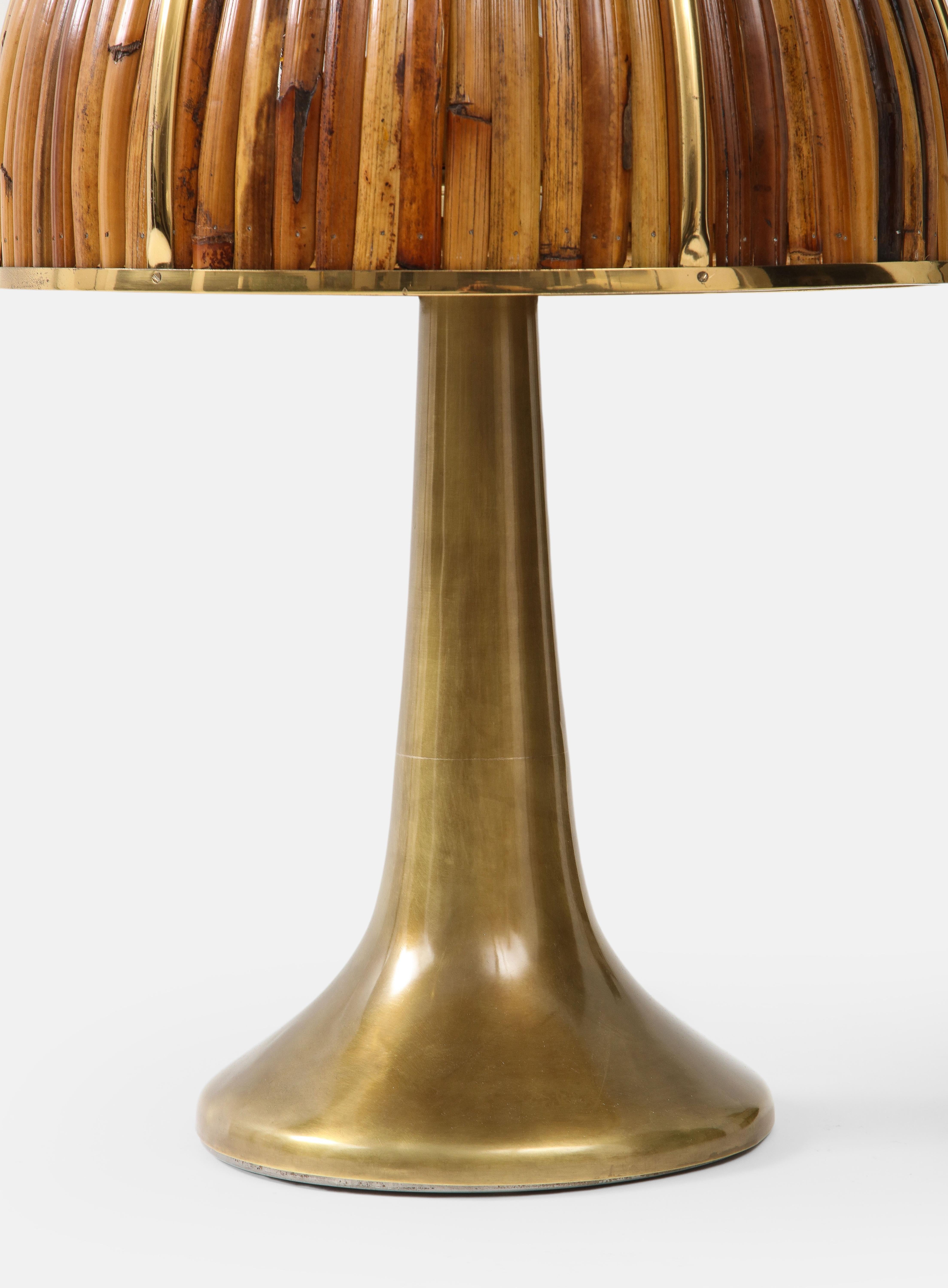 Gabriella Crespi Seltene „Fungo“-Tischlampe aus Bambus und Messing, Italien, 1970er Jahre (Ende des 20. Jahrhunderts) im Angebot