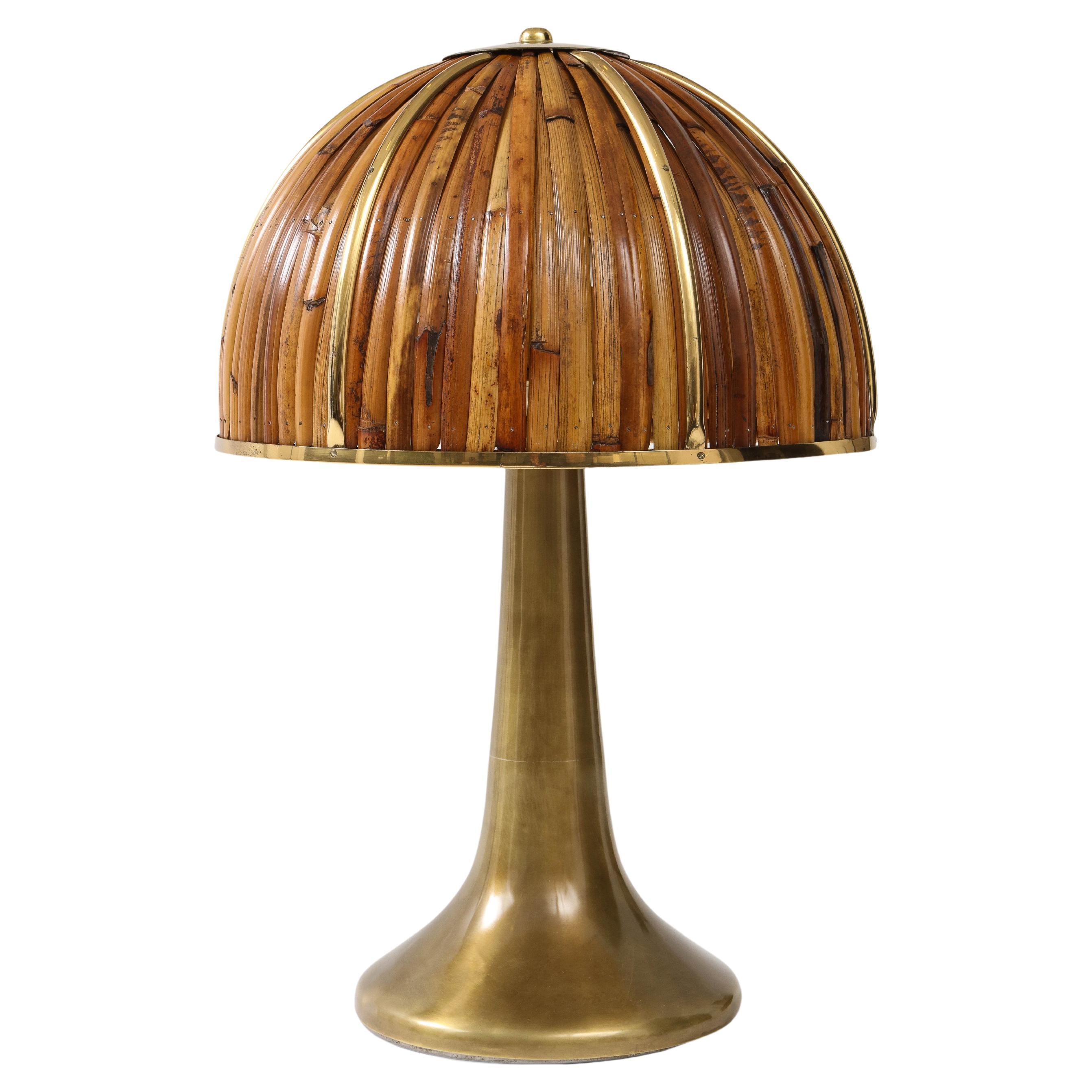 Gabriella Crespi Rare 'Fungo' Table Lamp in Bamboo and Brass, Italy, 1970s For Sale