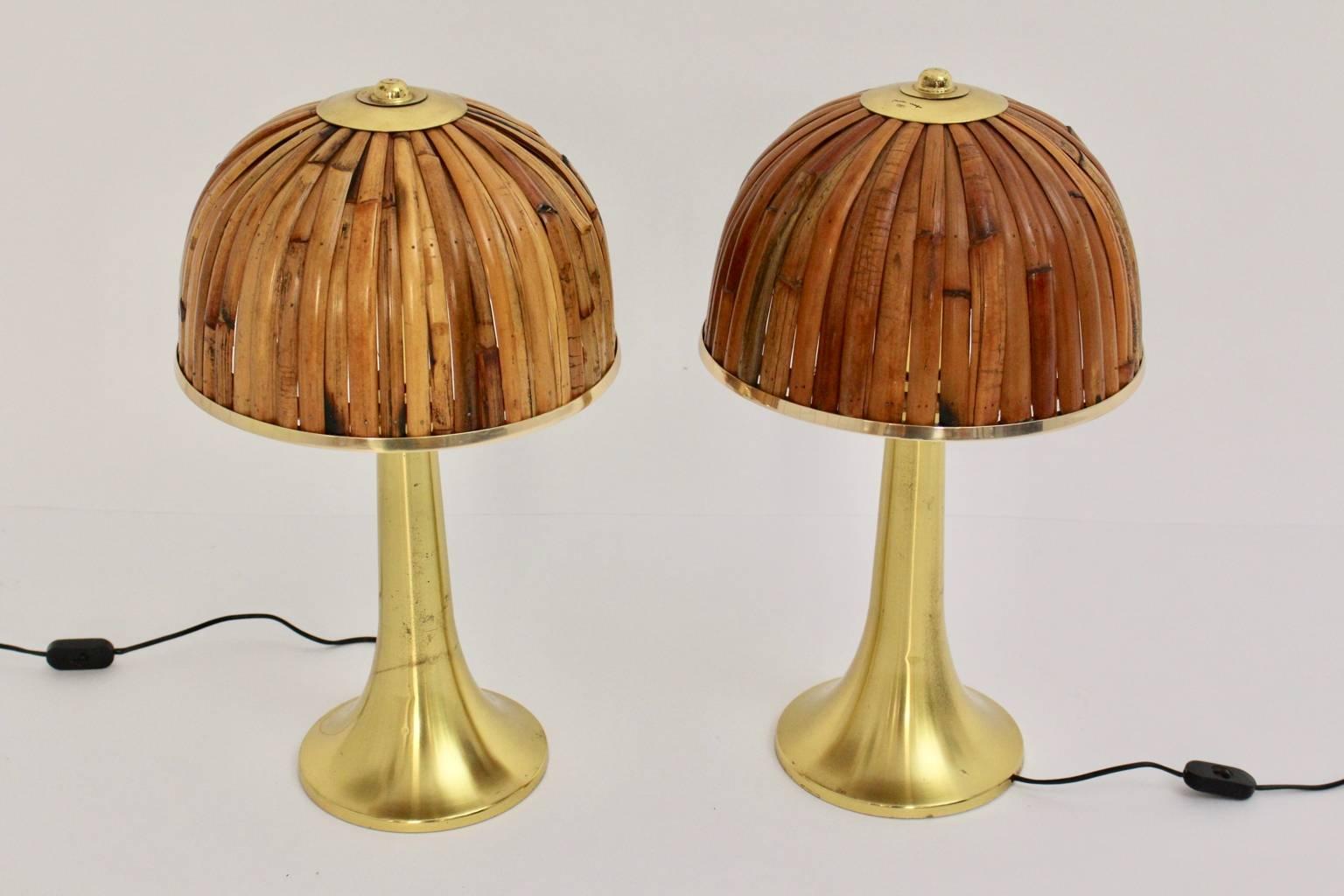 We gladly present a pair of high-quality table lamps by Gabriella Crespi from 1973 . Important design!
Gabriella Crespi (1922-2017)
The Fungo table lamps were made of brass and the dome shades were made of many bamboo pieces with brass rings.
The