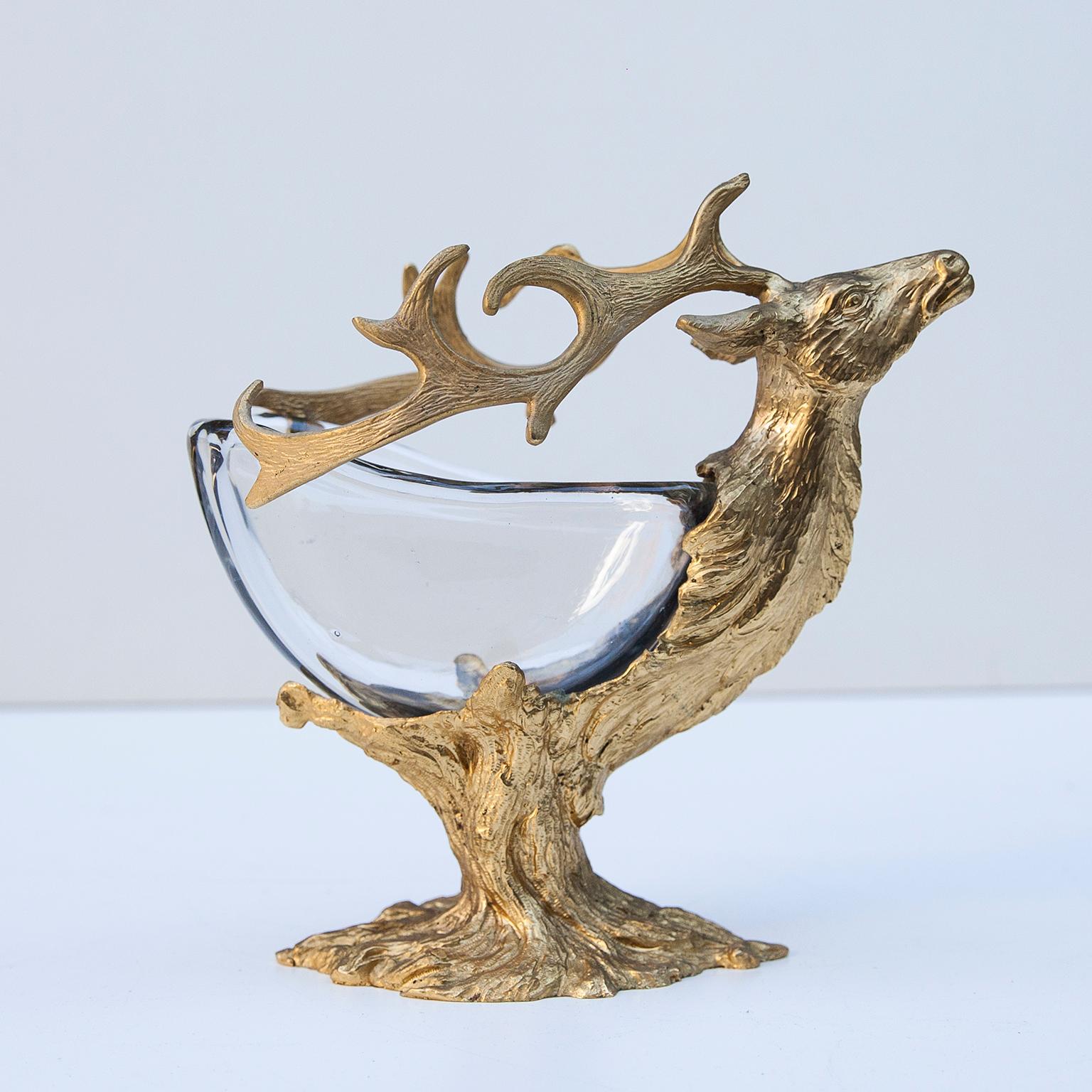 Gorgeous detailed gold-plated bronze deer sculpture bowl by Gabriella Crespi from the 1970s. The central body is composed of a Murano glass bowl. Signed on the bottom. This piece is in excellent condition.