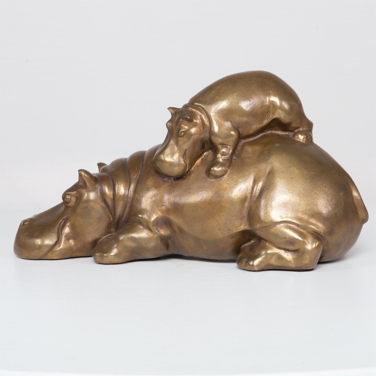 Bronze sculpture of a hippopotamus with a young one by Gabriella Crespi circa 1973, signed at the bottom. Lit: Gabriella Crespi: Il segno e lo spirito: Mobili, plurimi, sculture e gioielli, exh. cat., Palazzo Reale, Milan 2011, p. 102.