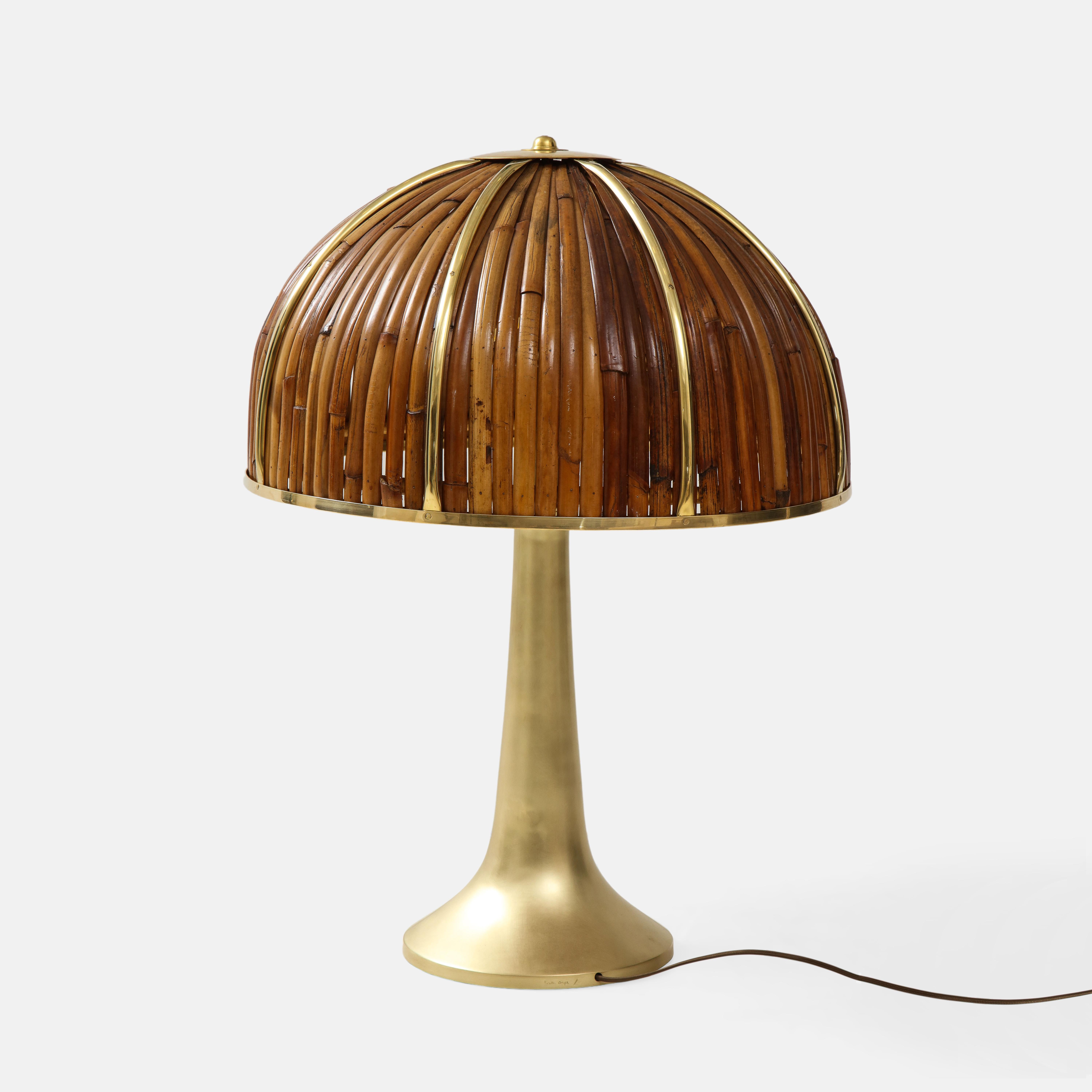 Italian Gabriella Crespi Large Bamboo and Brass 'Fungo' Table Lamp