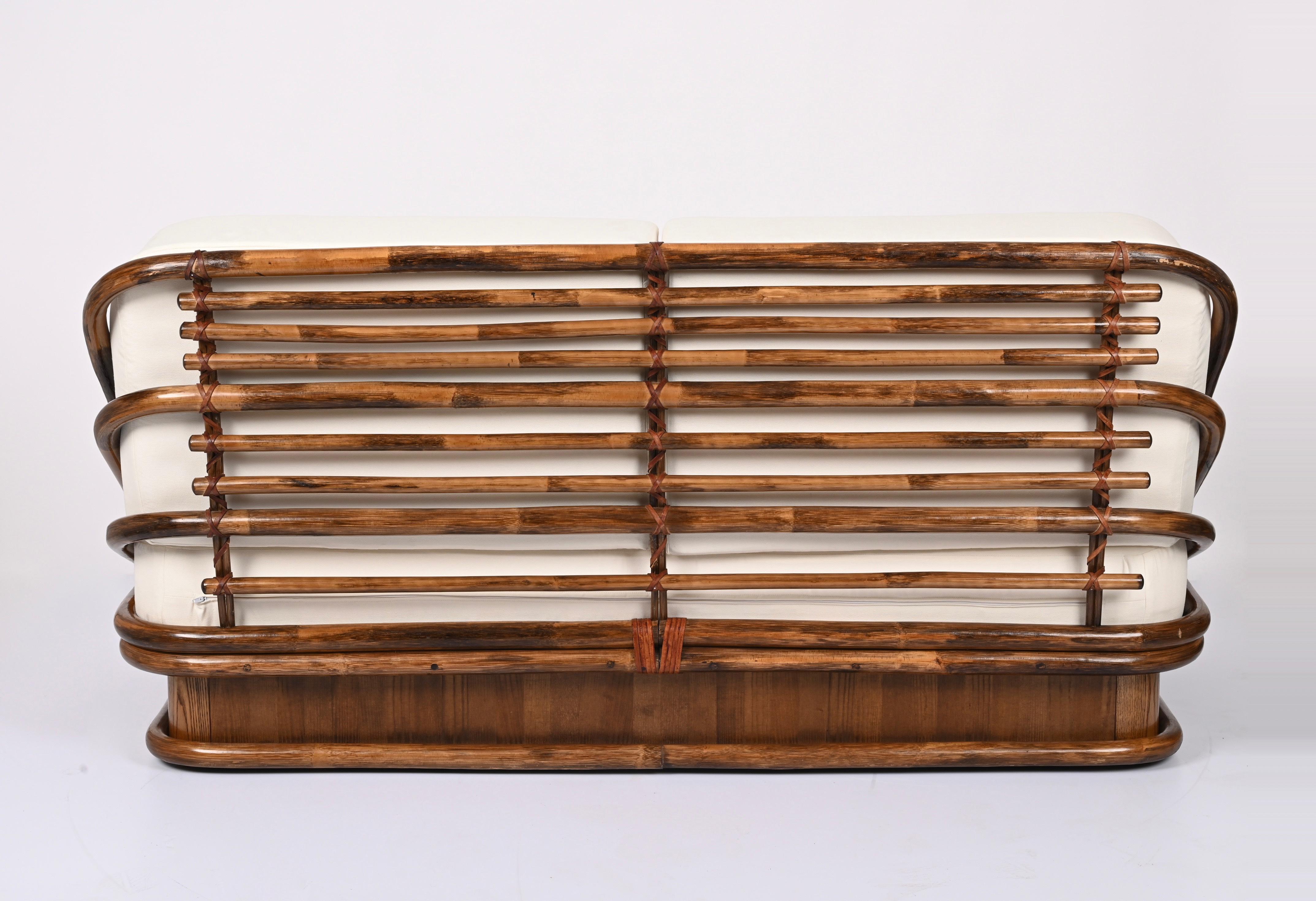 Leather Midcentury Bamboo, Maple Wood Italian Sofa, 1960s