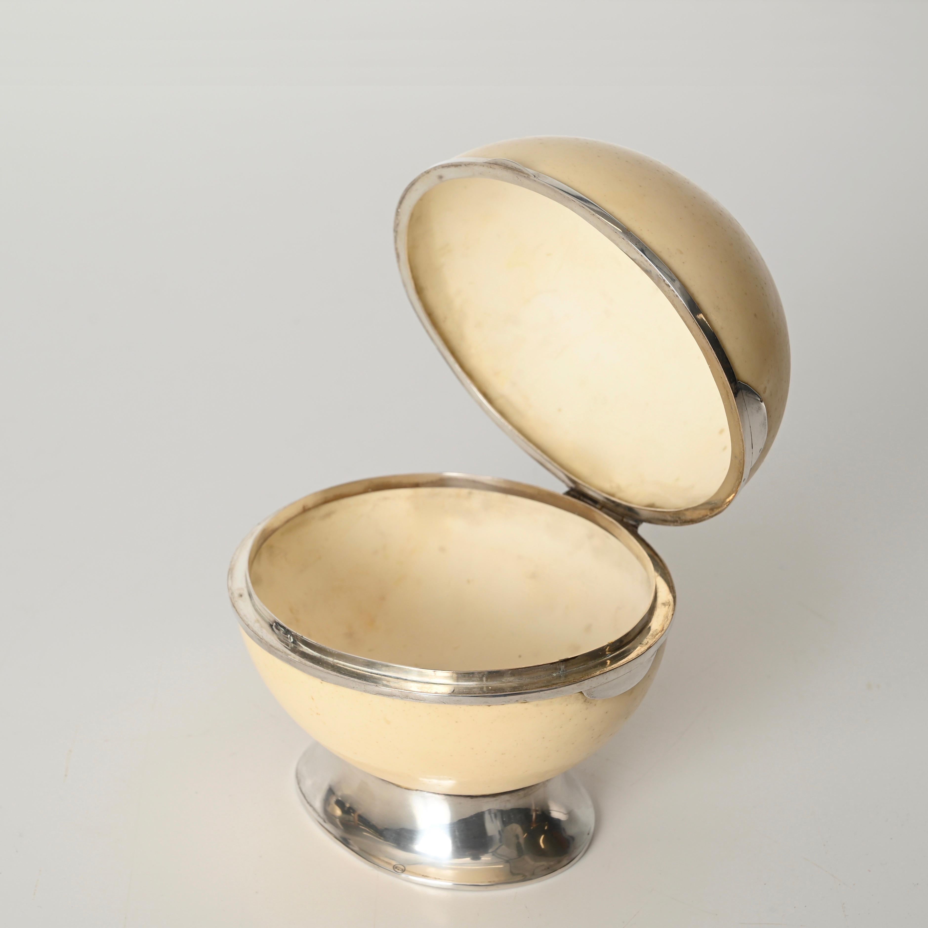 Spectacular decorative jewelry box in ostrich egg and 925 silver. This stylish and unique piece was designed during the 1970s in Italy, clearly in the style of Gabriella Crespi. 

This incredibly charming jewelry box is in amazing condition. 