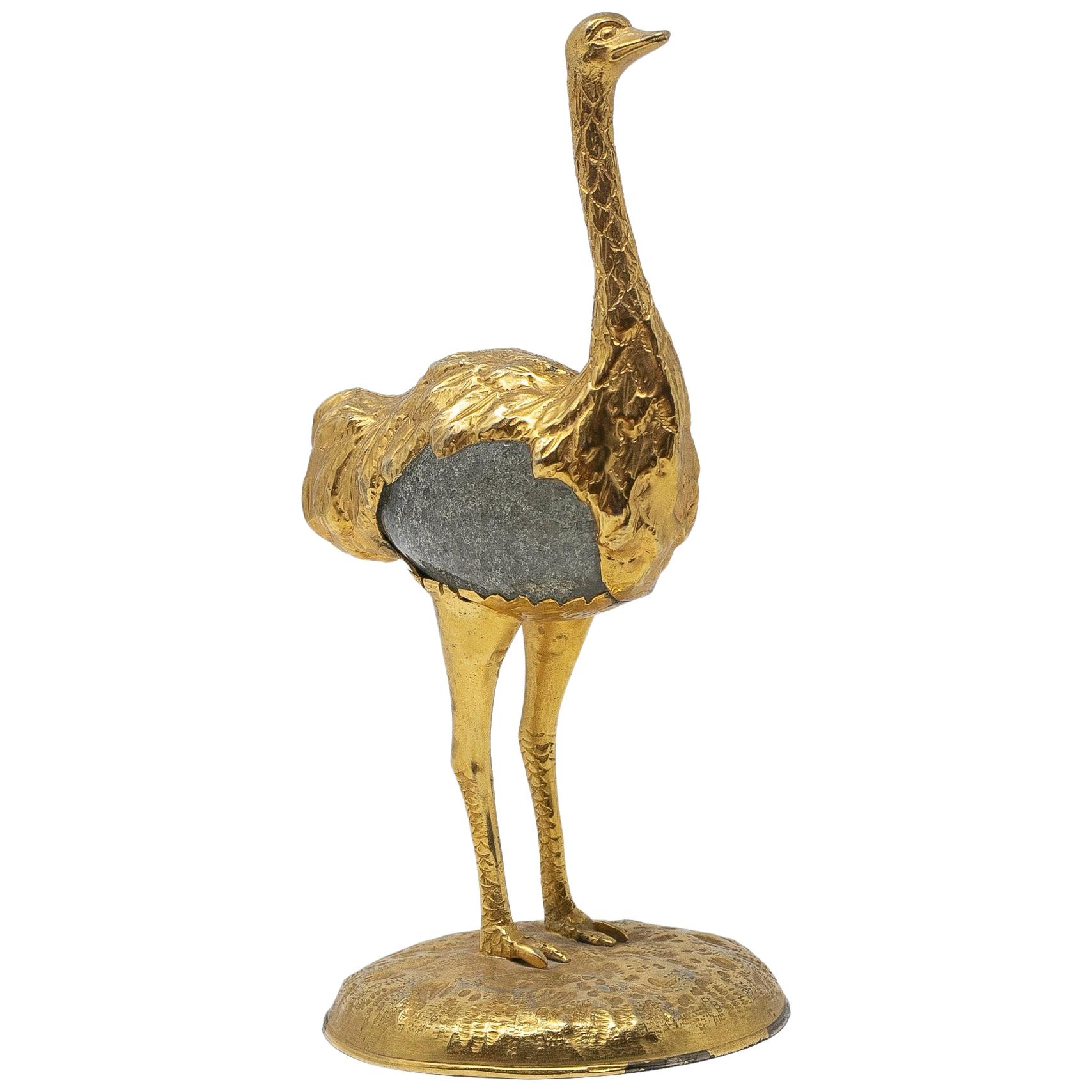 Gabriella Crespi "Ostrich" Gilt Bronze and Rock Crystal Figure, Italy, 1970