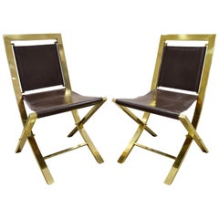 Gabriella Crespi Pair of Chairs in Polished Brass and Leather 1970s 'Signed'