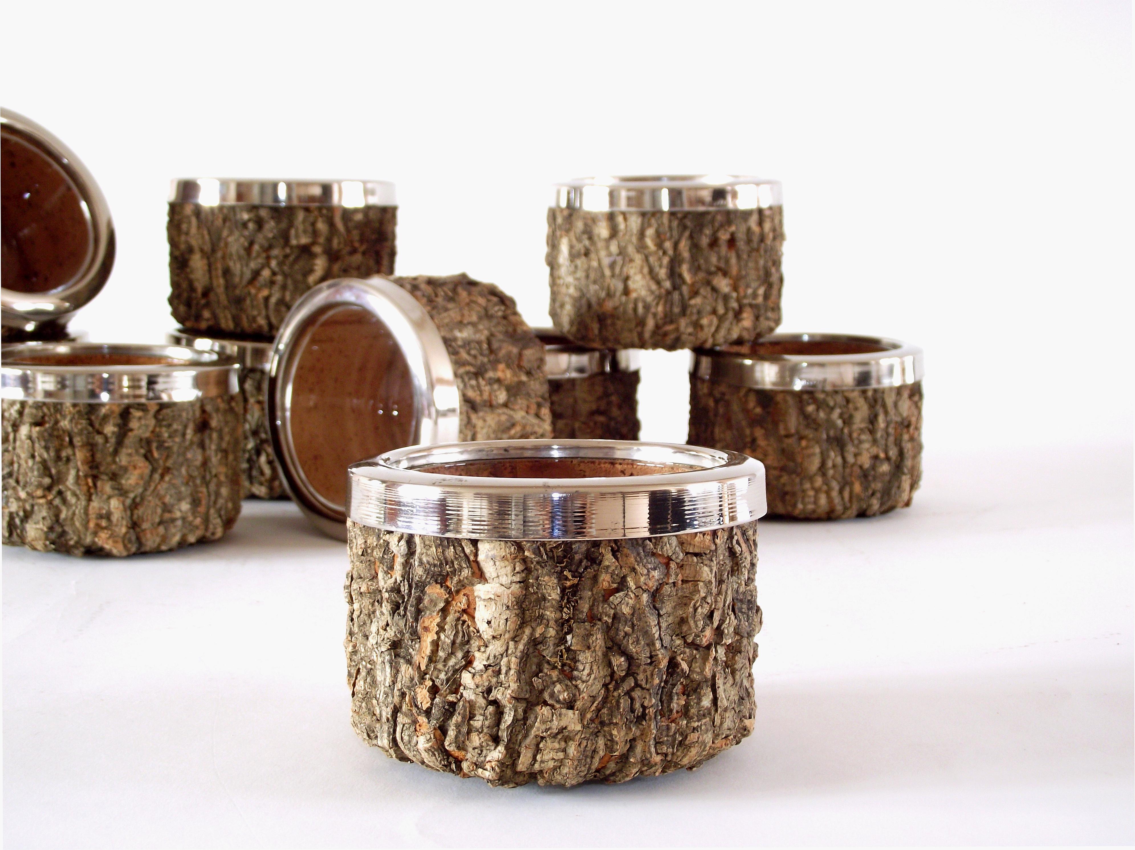 Organic Modern Gabriella Crespi Pair of Cork and Chrome Bowls with Glass Inserts, 1970s
