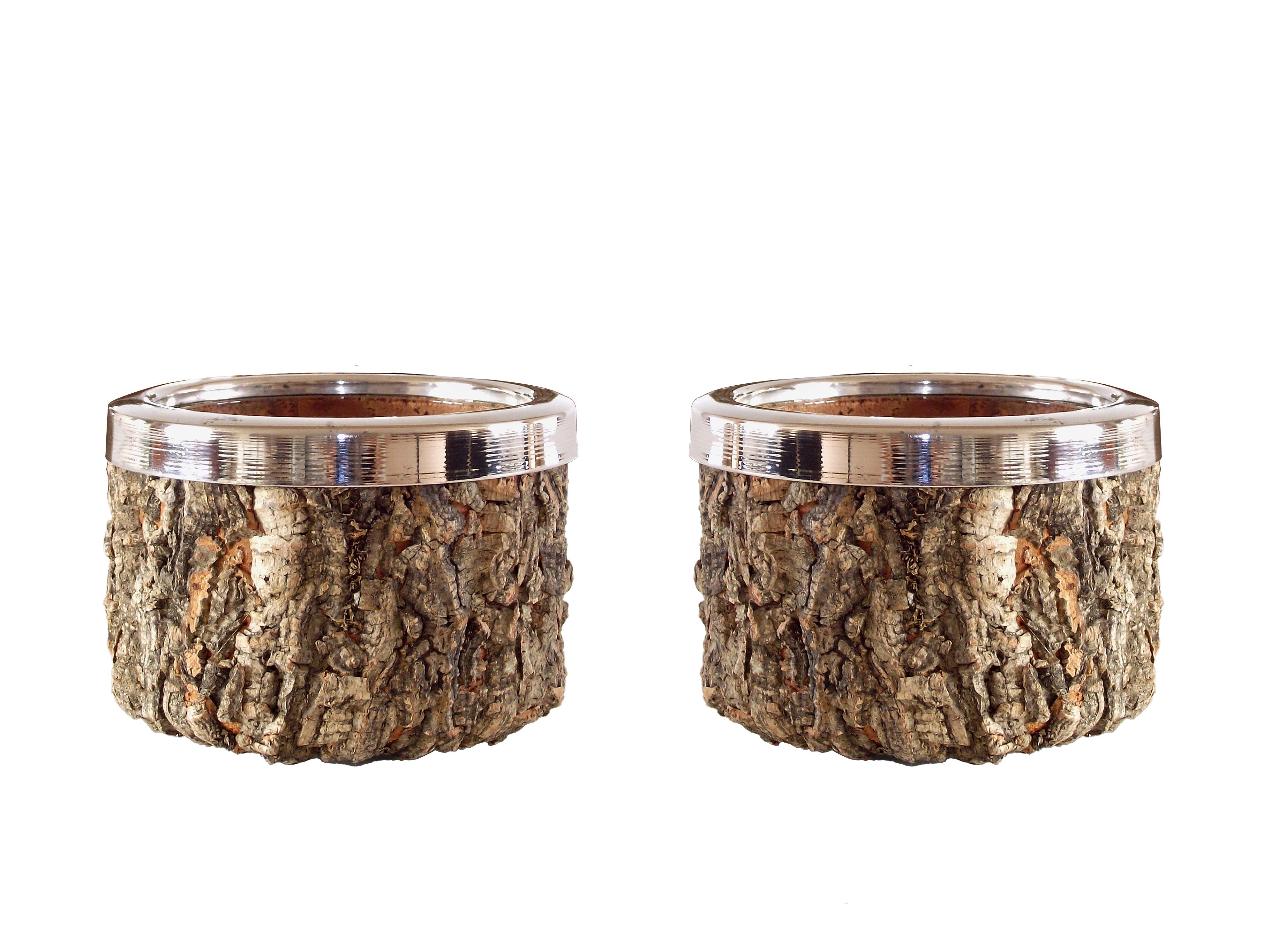 Italian Gabriella Crespi Pair of Cork and Chrome Bowls with Glass Inserts, 1970s