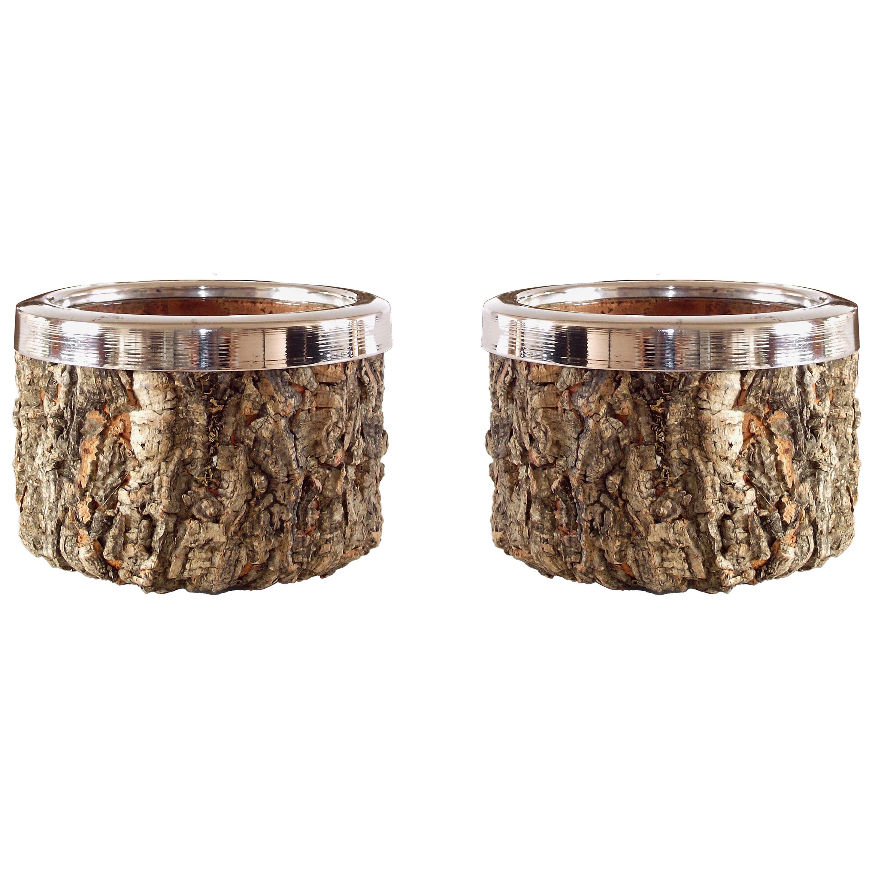 Gabriella Crespi Pair of Cork and Chrome Bowls with Glass Inserts, 1970s