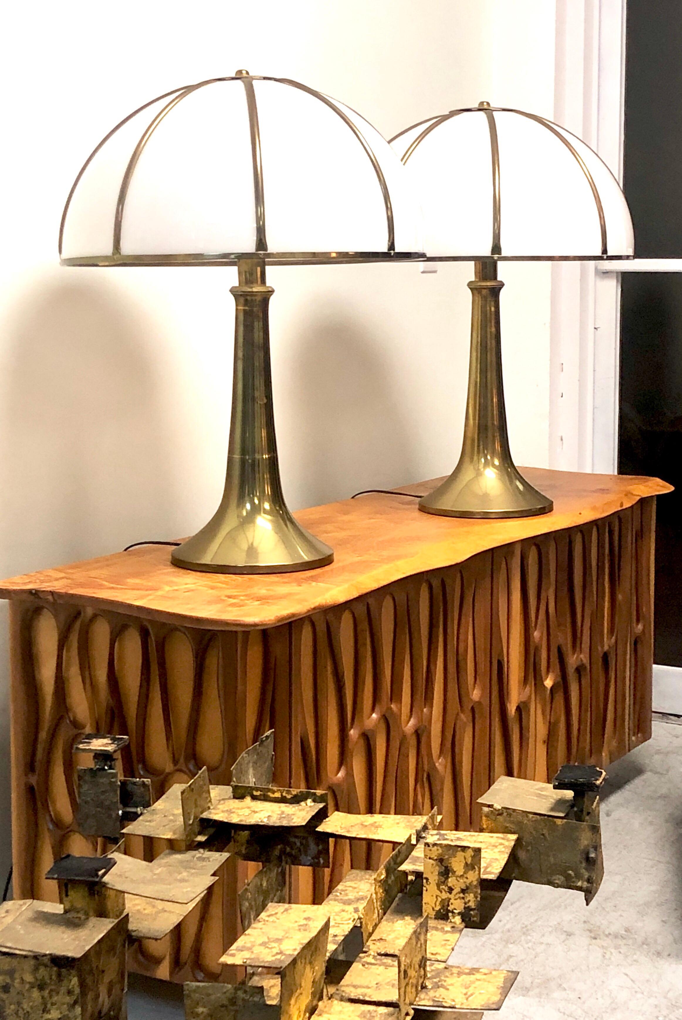 Exquisite pair of large iconic Fungo lamps by Gabriella Crespi. Brass body with Plexiglas dome shades. Both signed on bases and shades. Impeccable provenance and certification from the Gabriella Crespi Archivio.