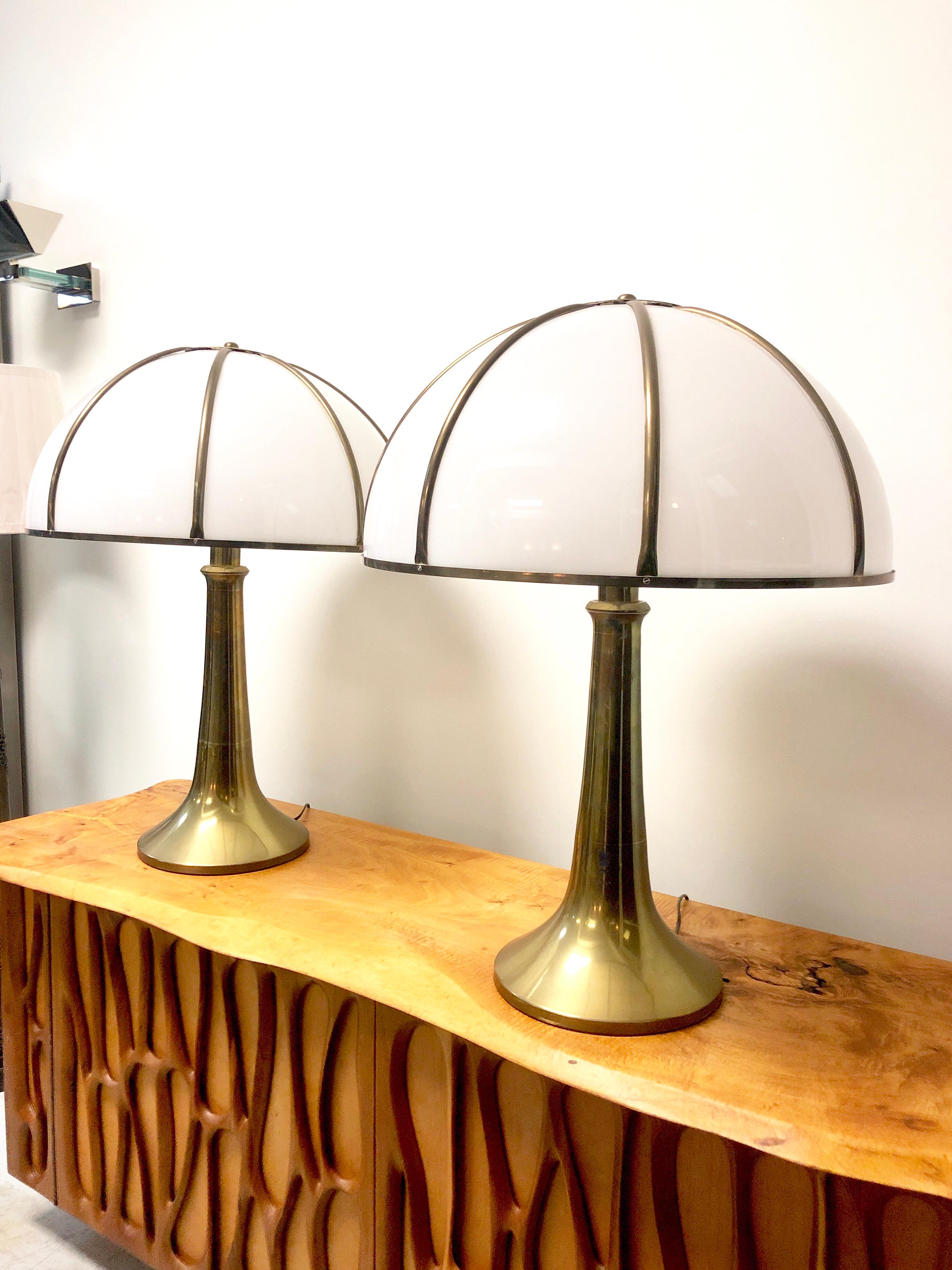 Italian Gabriella Crespi Pair of Fungo Brass and Plexiglass Table Lamps, 1970