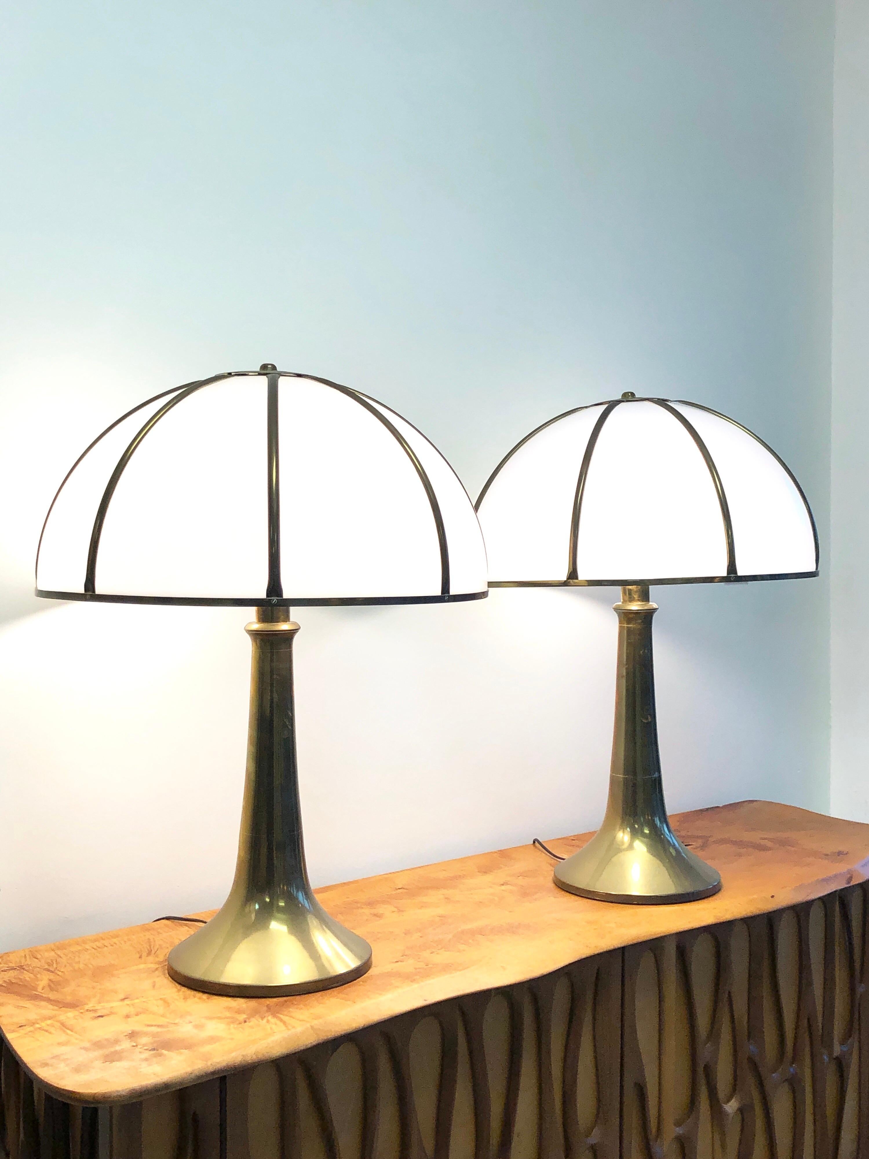 Late 20th Century Gabriella Crespi Pair of Fungo Brass and Plexiglass Table Lamps, 1970