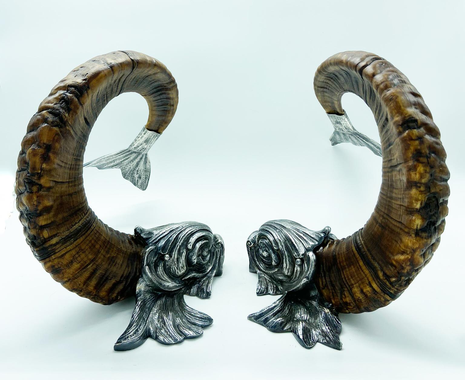 Mid-Century Modern Gabriella Crespi Pair of Silver and Horn Dolphins