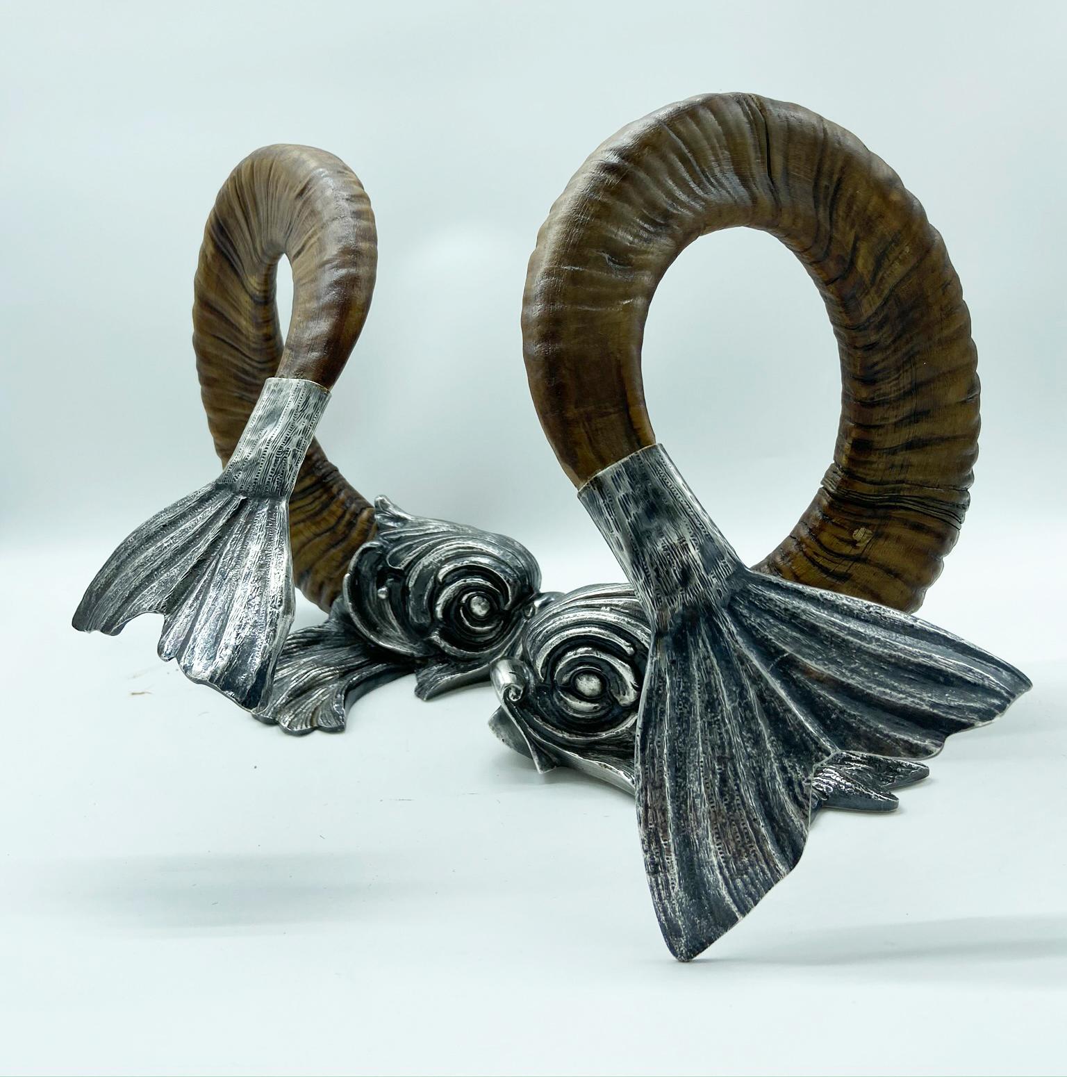 Late 20th Century Gabriella Crespi Pair of Silver and Horn Dolphins