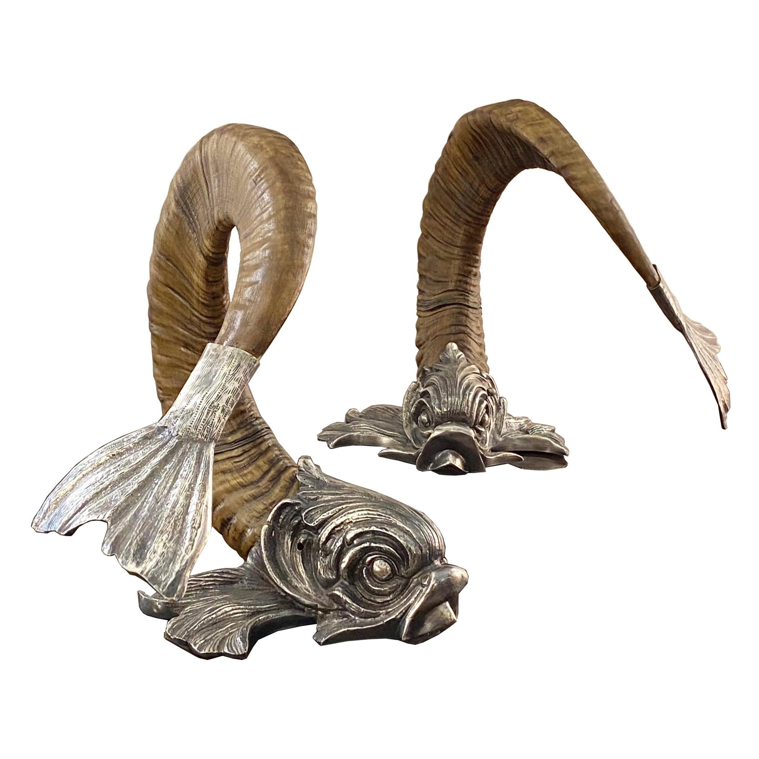 Gabriella Crespi Pair of Silver and Horn Dolphins
