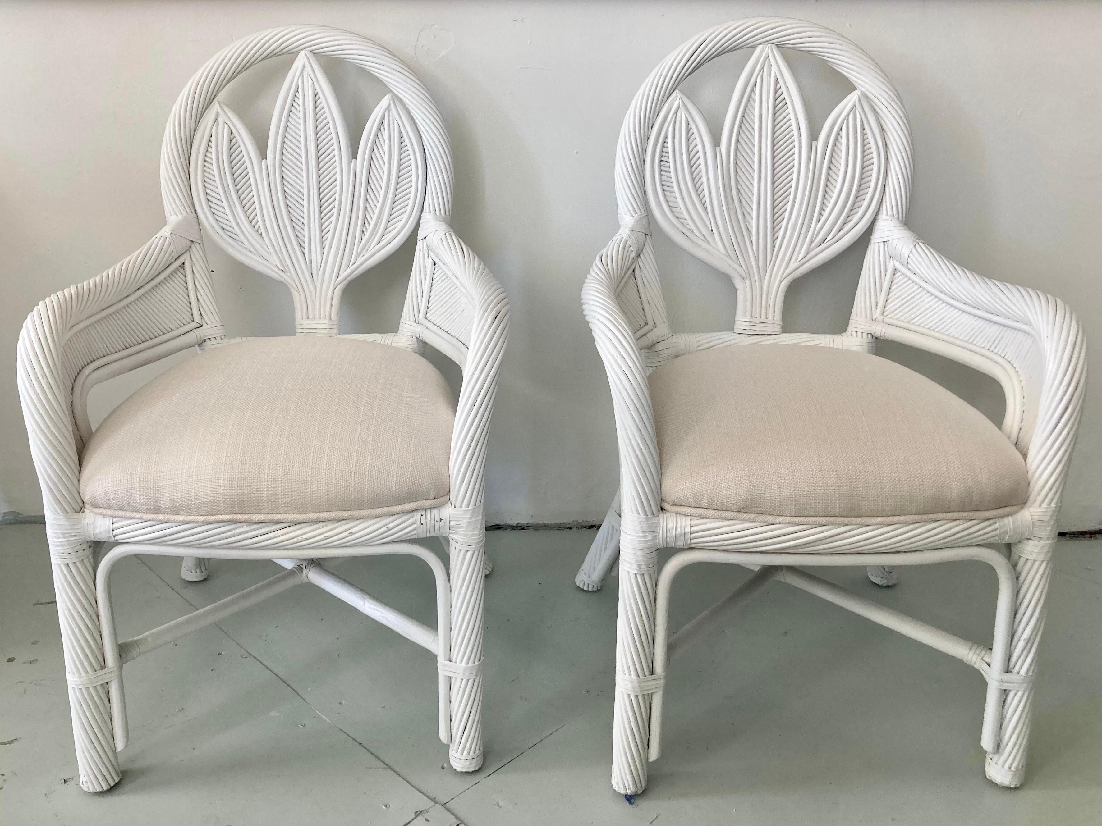 Fabulous pair of Gabriella Crespi Pencil Reed arm chairs. Newly lacquered in white and with new Todd Hase upholstery. Great addition to your Boho Chic interiors.