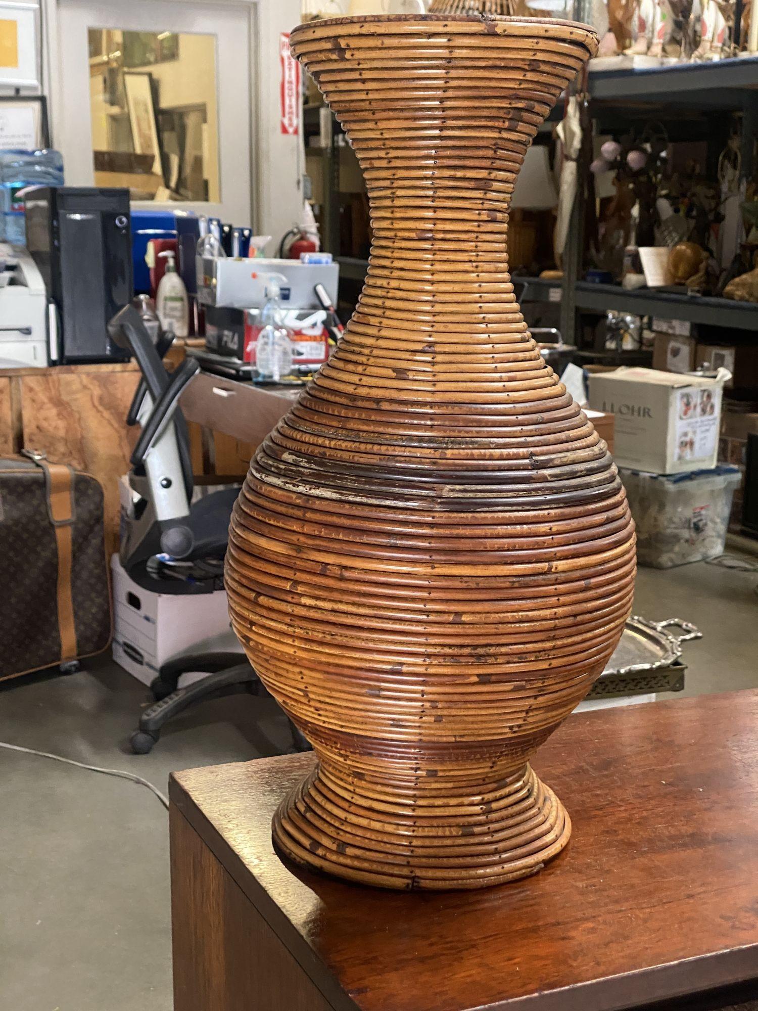 Gabriella Crespi Pencil Reed Rattan Large Floor Vase, Circa 1970 In Excellent Condition In Van Nuys, CA