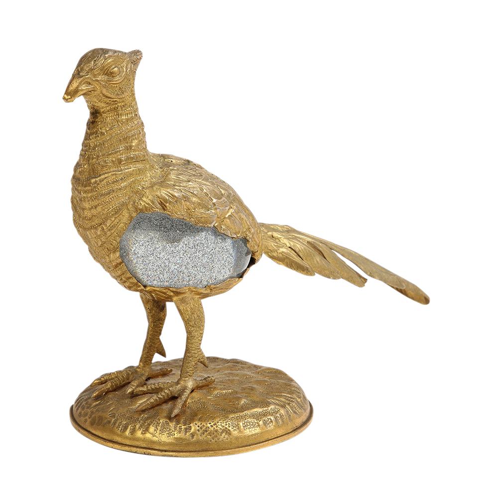  Gabriella Crespi Pheasant, Gilt Bronze, Glass, Signed. Small scale realistic, elegant, and magical gold washed bronze pheasant fitted with a hand-blown glass egg executed by Barovier & Toso. Crespi's artisans used the 