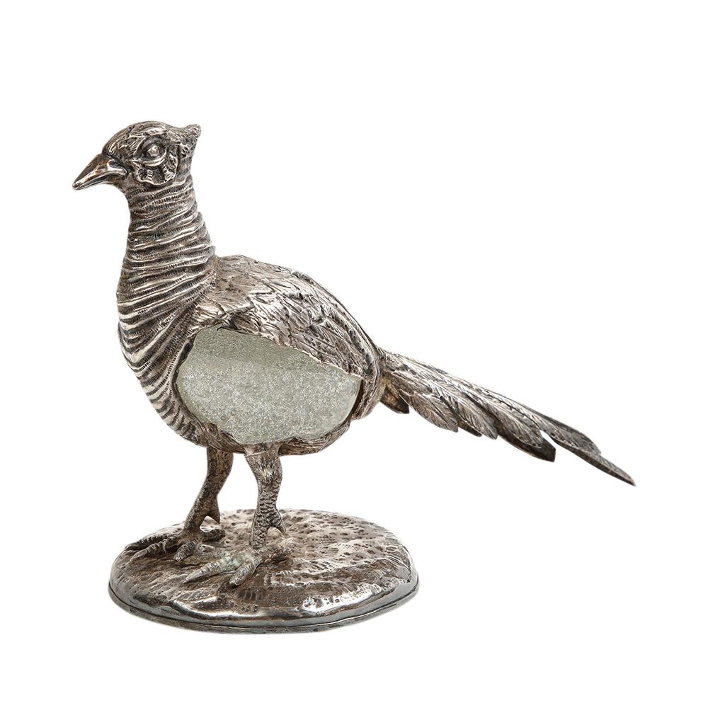 Gabriella Crespi Pheasant, silvered bronze, glass, signed. Small scale realistic, elegant, and magical silvered bronze pheasant fitted with a hand-blown glass egg executed by Barovier & Toso. Crespi's artisans used the 