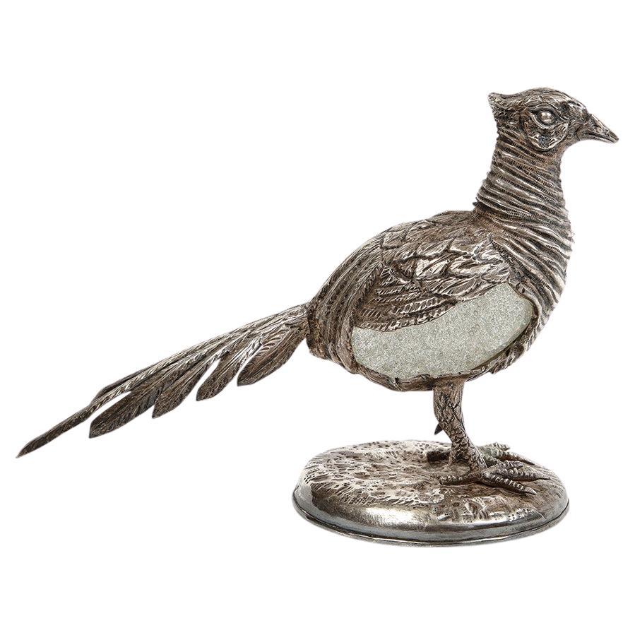Italian Gabriella Crespi Pheasant Silvered Bronze, Glass, Signed For Sale