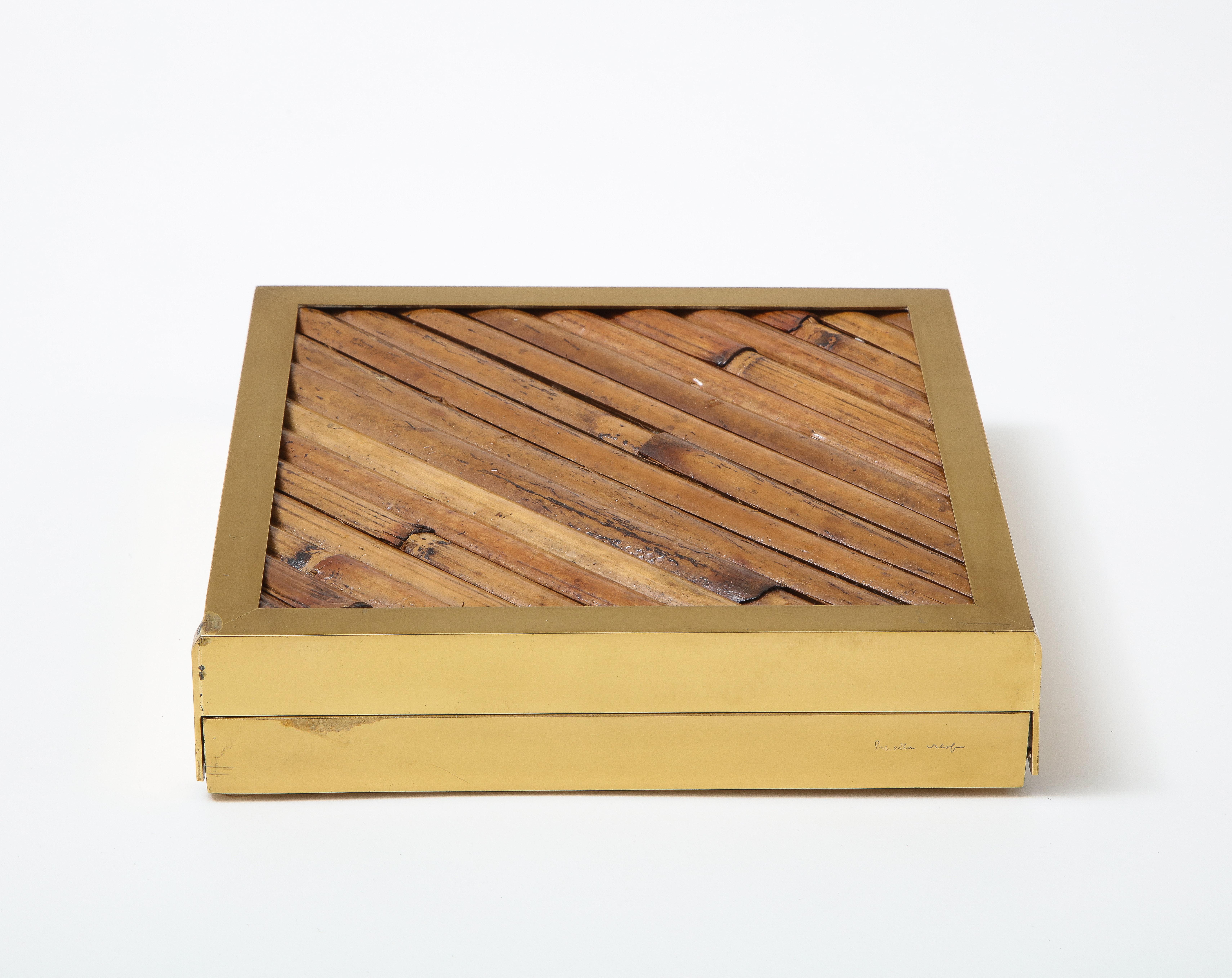 Lacquered Gabriella Crespi Rare Signed Bamboo and Brass Box, Italy, 1970s