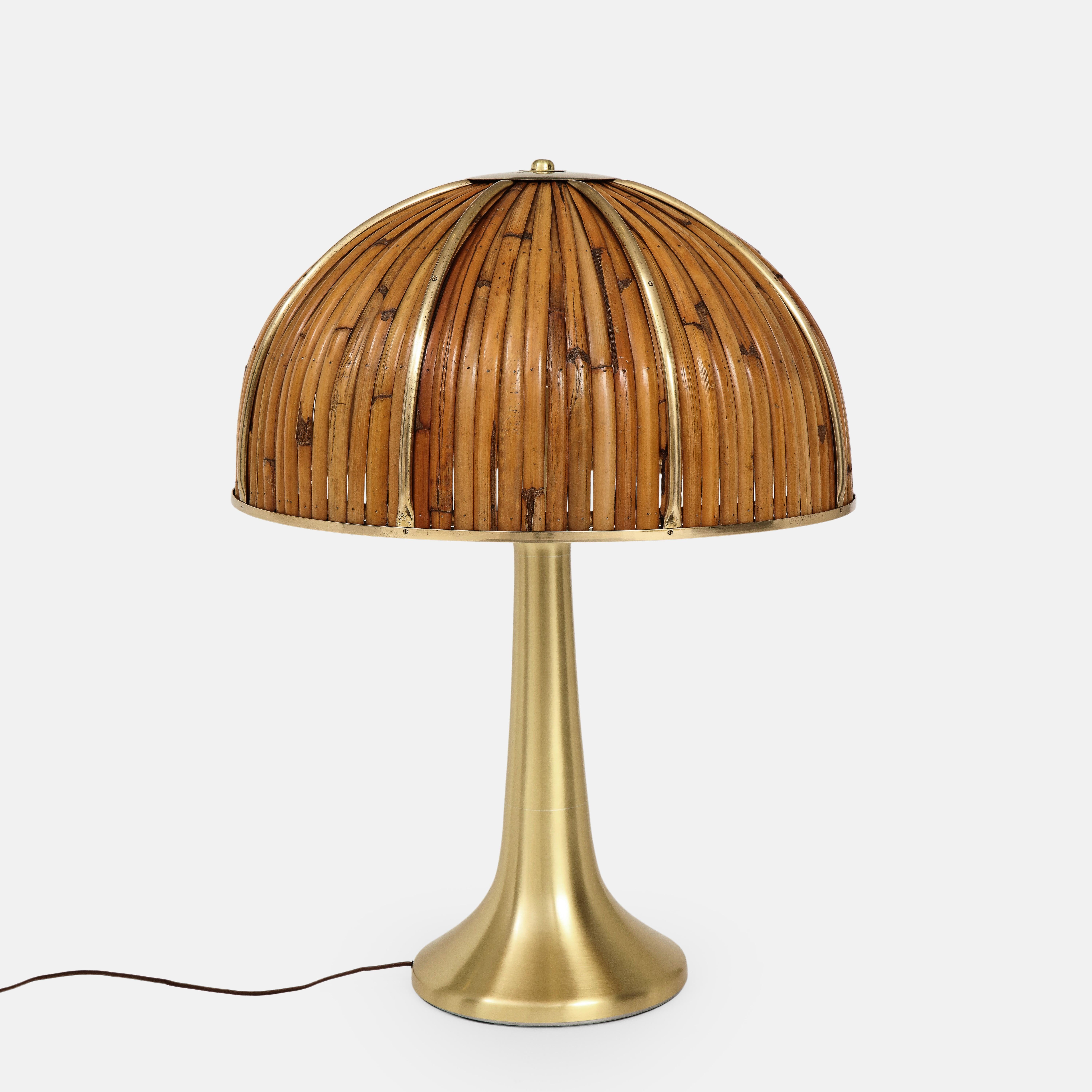 Mid-Century Modern Gabriella Crespi Rare Large 'Fungo' Table Lamp in Bamboo and Brass, Italy, 1970s