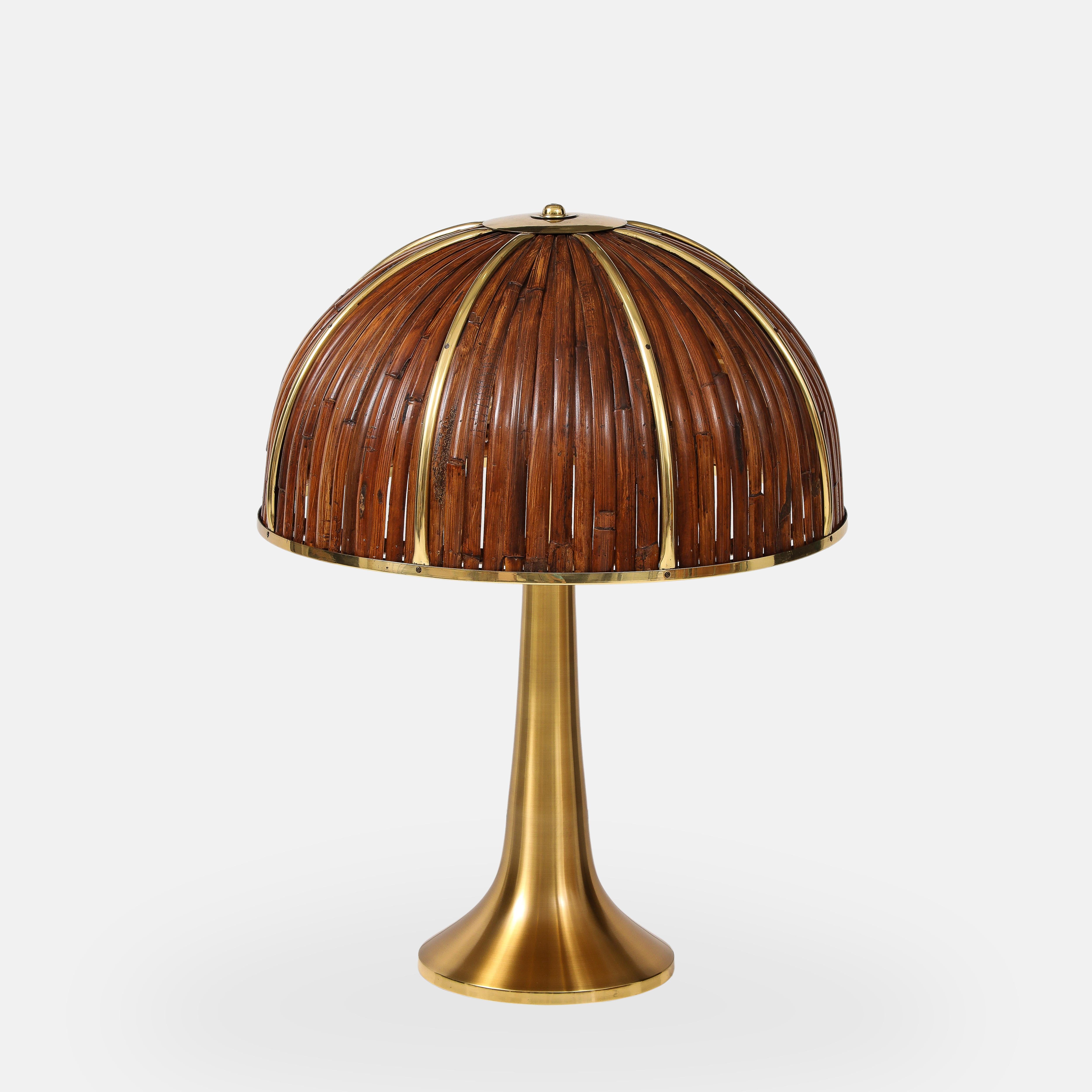 Mid-Century Modern Gabriella Crespi Rare Large 'Fungo' Table Lamp in Bamboo and Brass, Italy, 1970s For Sale