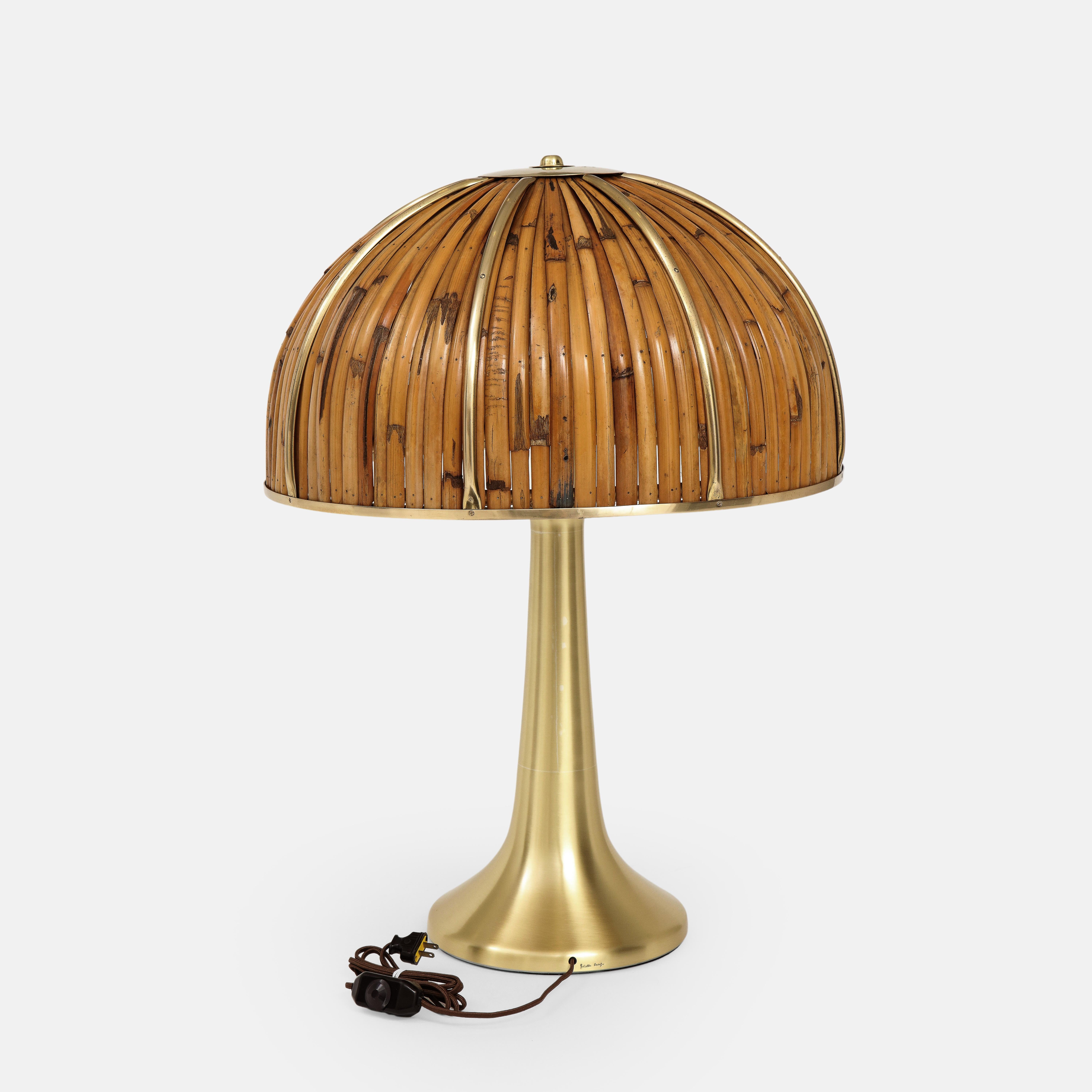 Italian Gabriella Crespi Rare Large 'Fungo' Table Lamp in Bamboo and Brass, Italy, 1970s