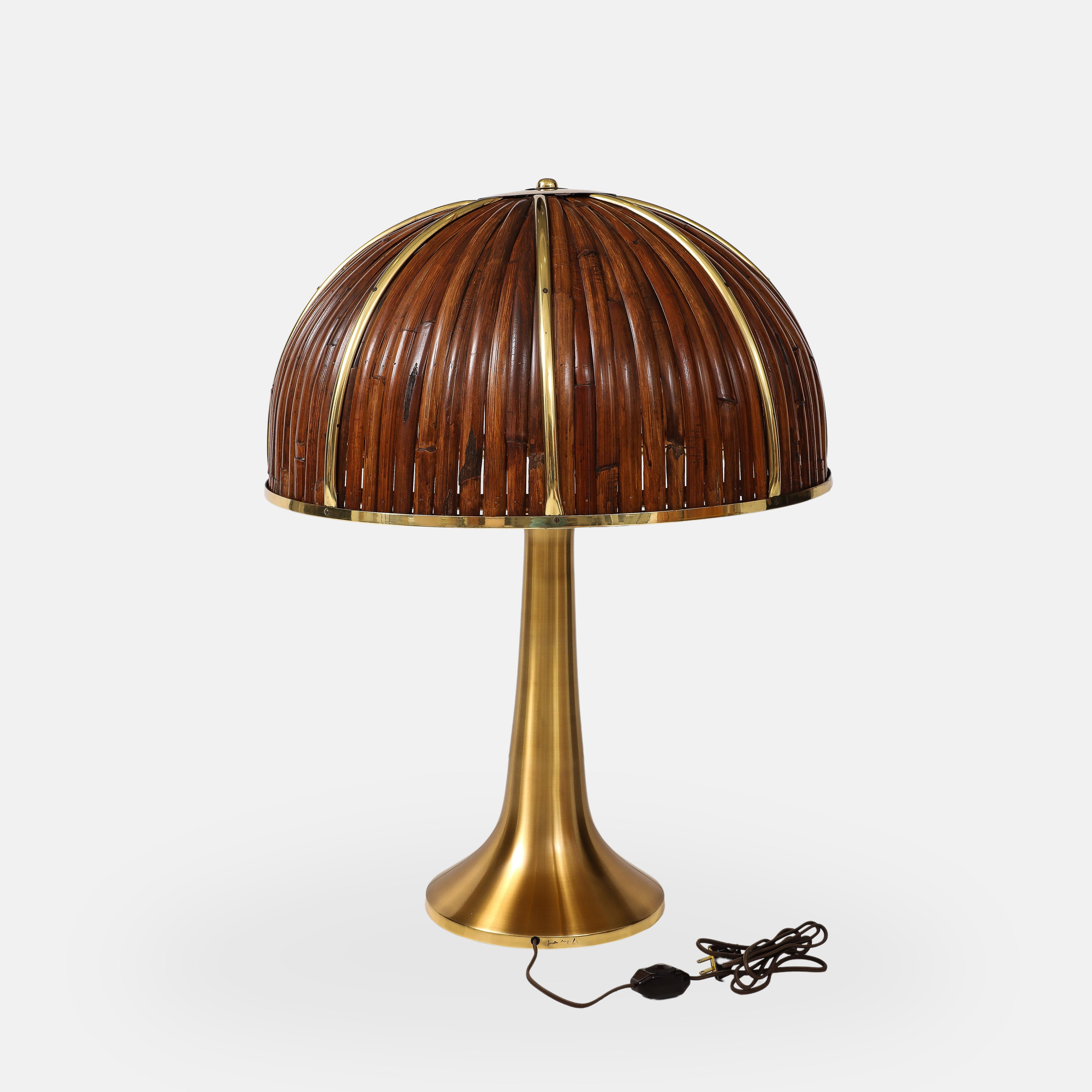 Italian Gabriella Crespi Rare Large 'Fungo' Table Lamp in Bamboo and Brass, Italy, 1970s For Sale