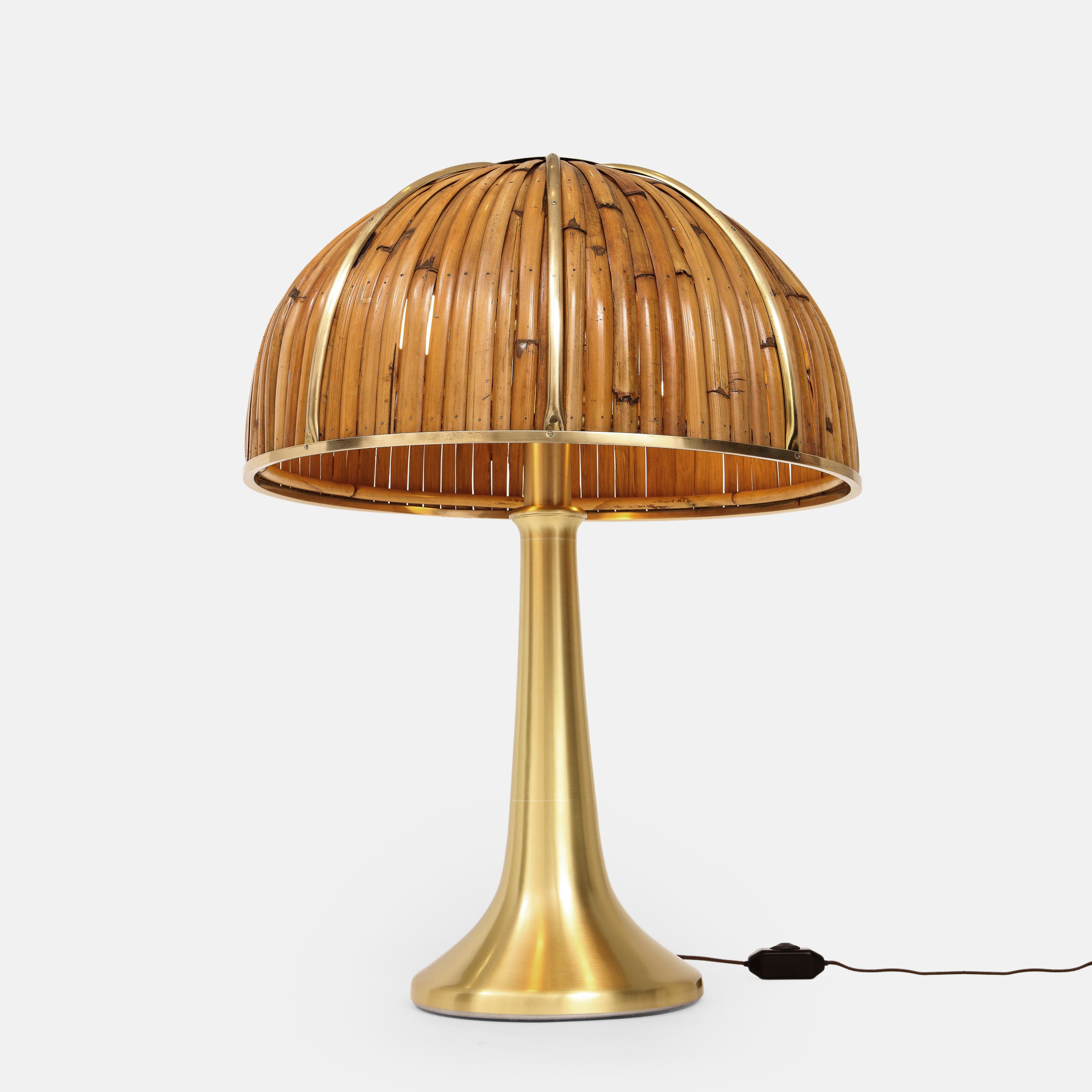 Late 20th Century Gabriella Crespi Rare Large 'Fungo' Table Lamp in Bamboo and Brass, Italy, 1970s
