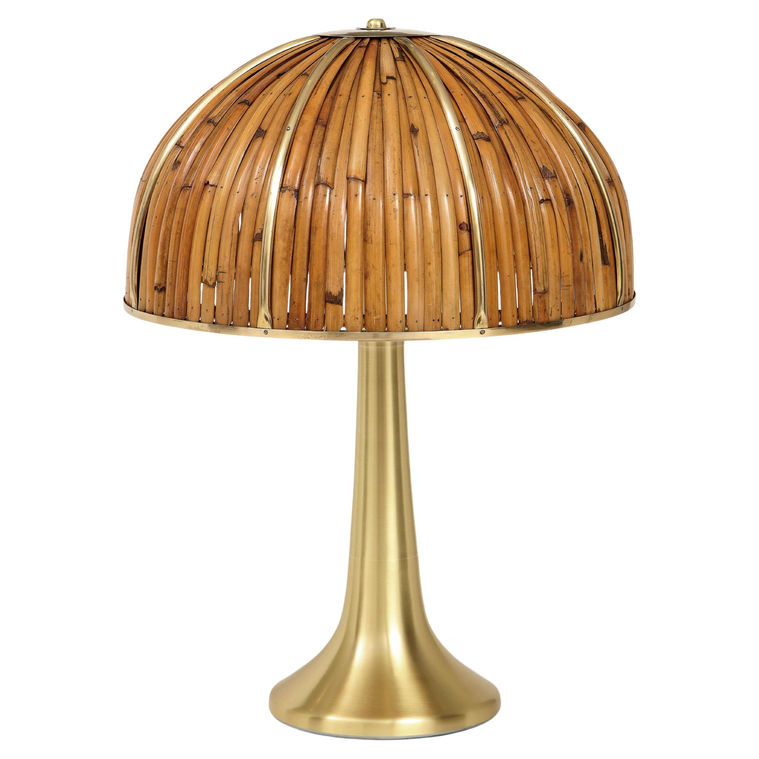 Gabriella Crespi Rare Large 'Fungo' Table Lamp in Bamboo and Brass, Italy, 1970s