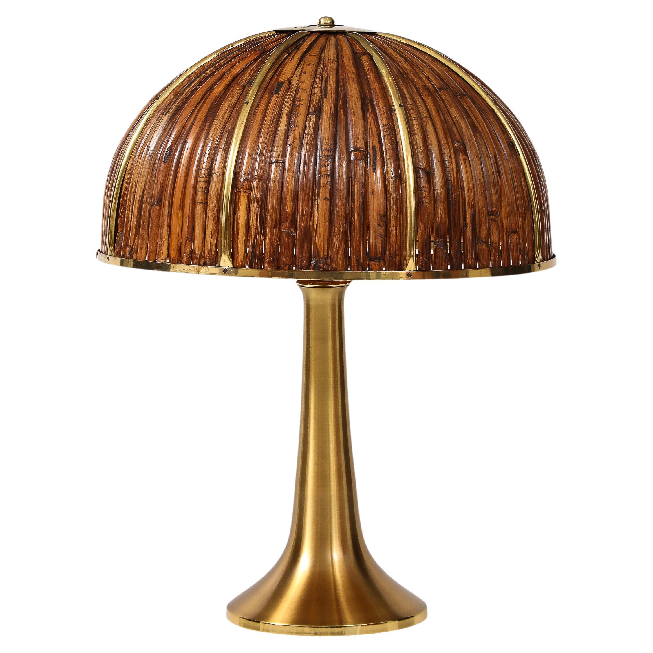 Gabriella Crespi Rare Large 'Fungo' Table Lamp in Bamboo and Brass, Italy, 1970s