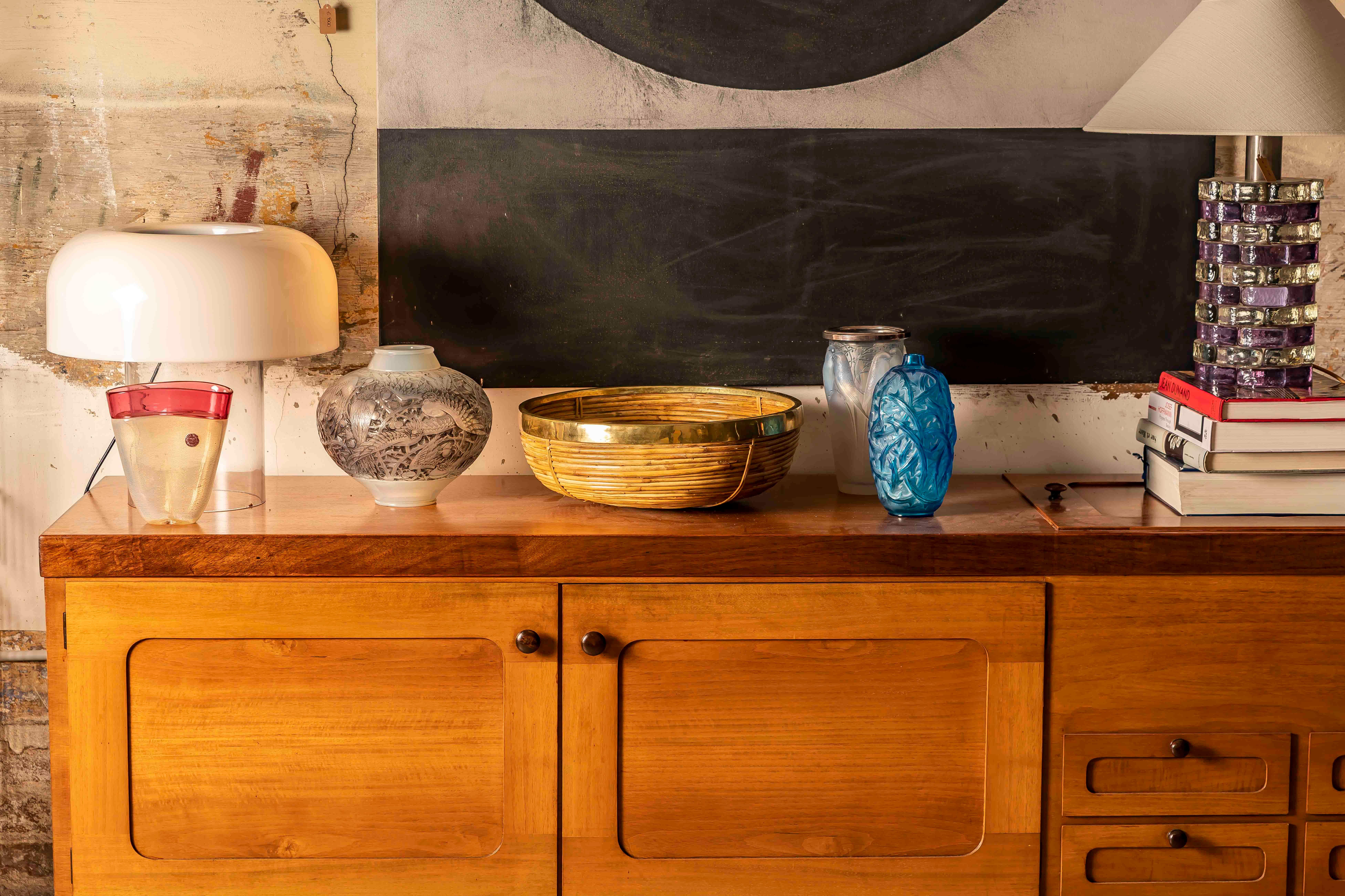 Laiton Gabriella Crespi  Centre de table en rotin et laiton, Italie, 1970 en vente