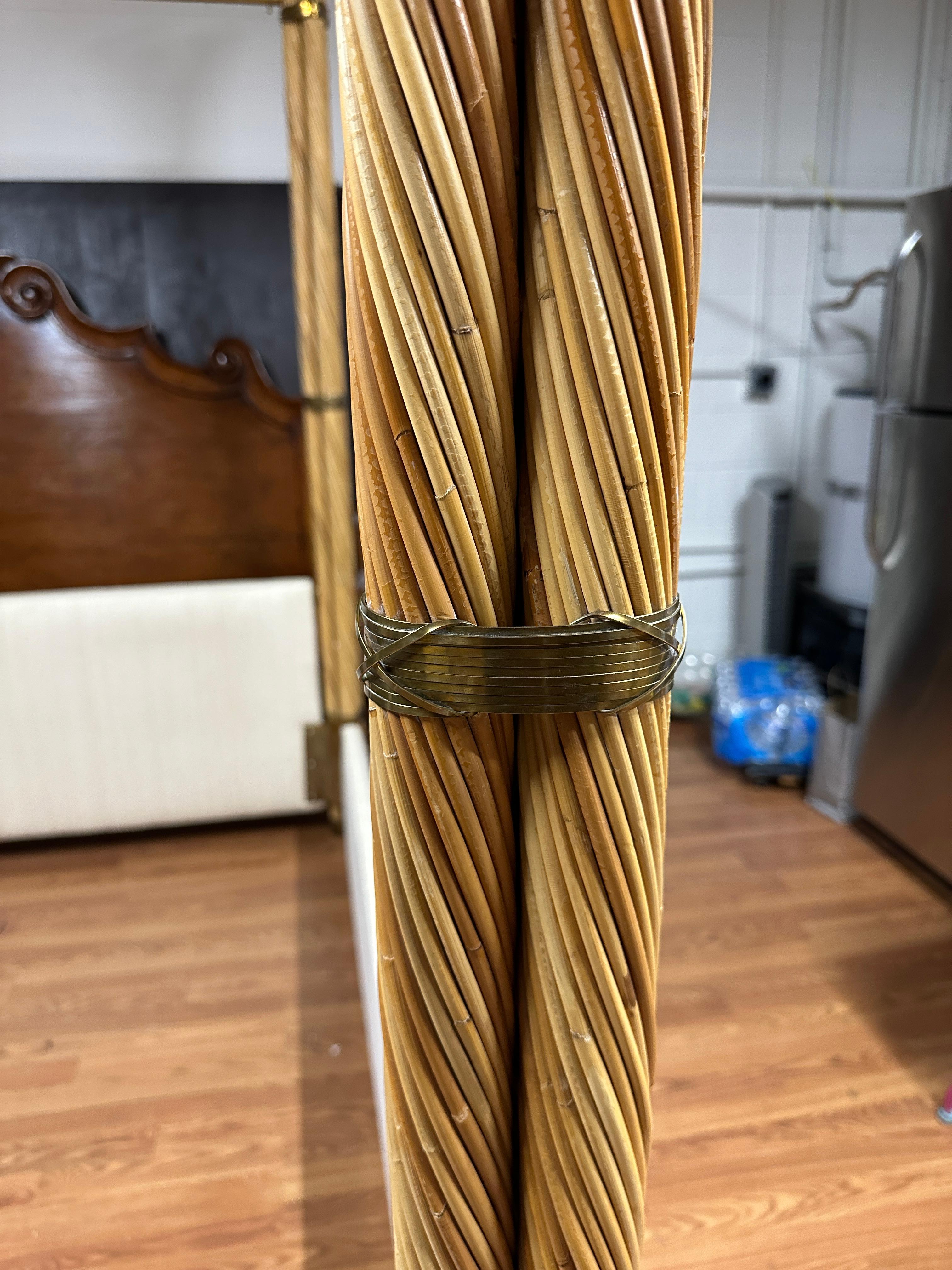 Italian Gabriella Crespi Rattan and Brass Queen Bed For Sale