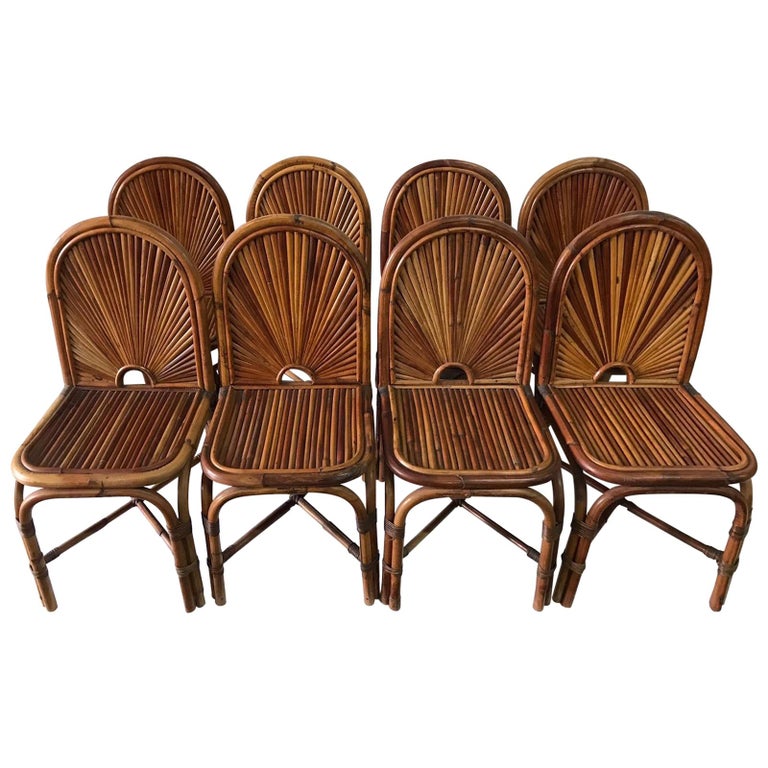 Gabriella Crespi set of 8 Rising Sun rattan chairs, 1974, offered by Gustavo Olivieri 20th Century