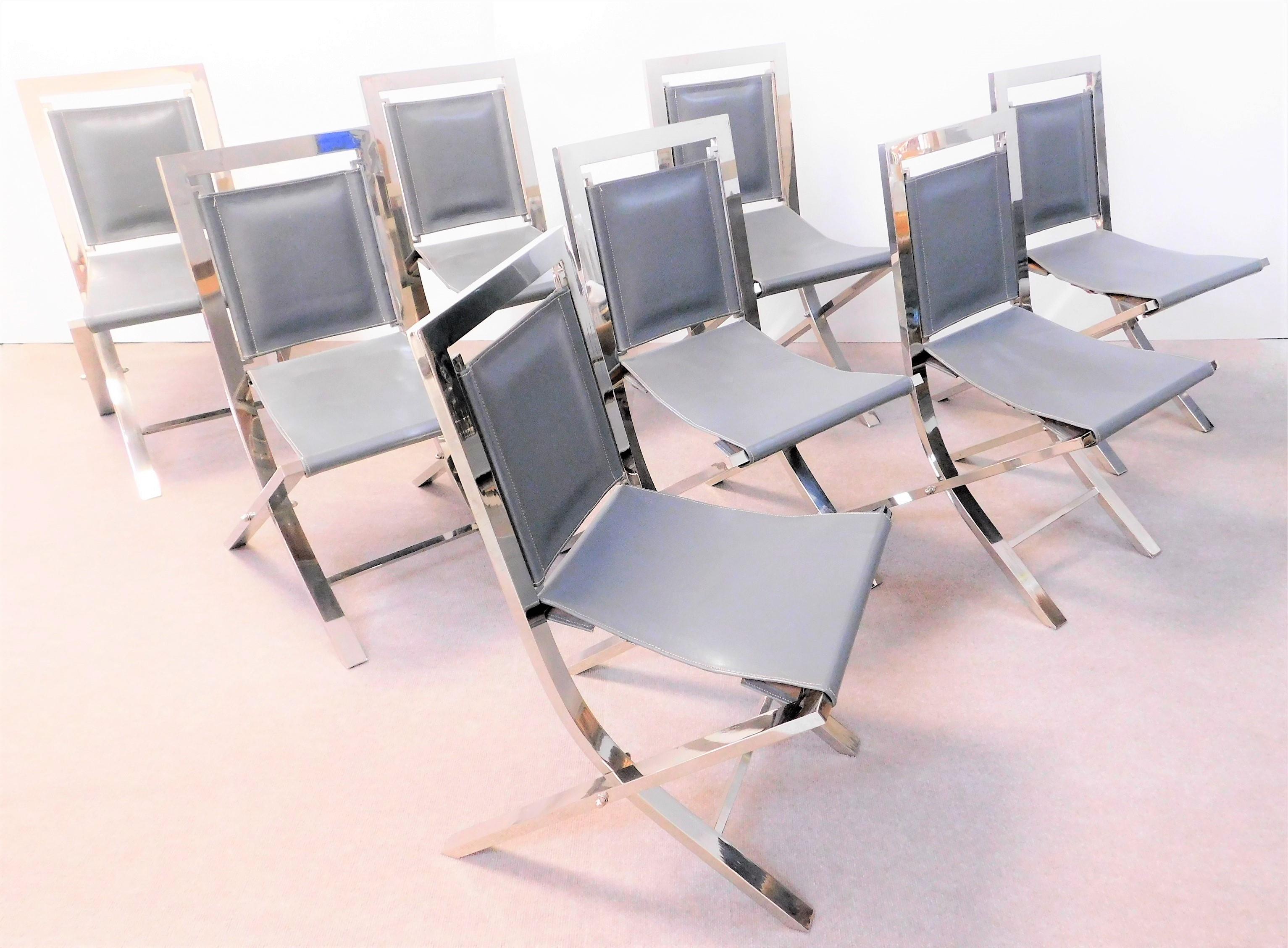 Gabriella Crespi Set of 8 Sedia 73 Gray Leather Chairs In Good Condition For Sale In Miami, FL