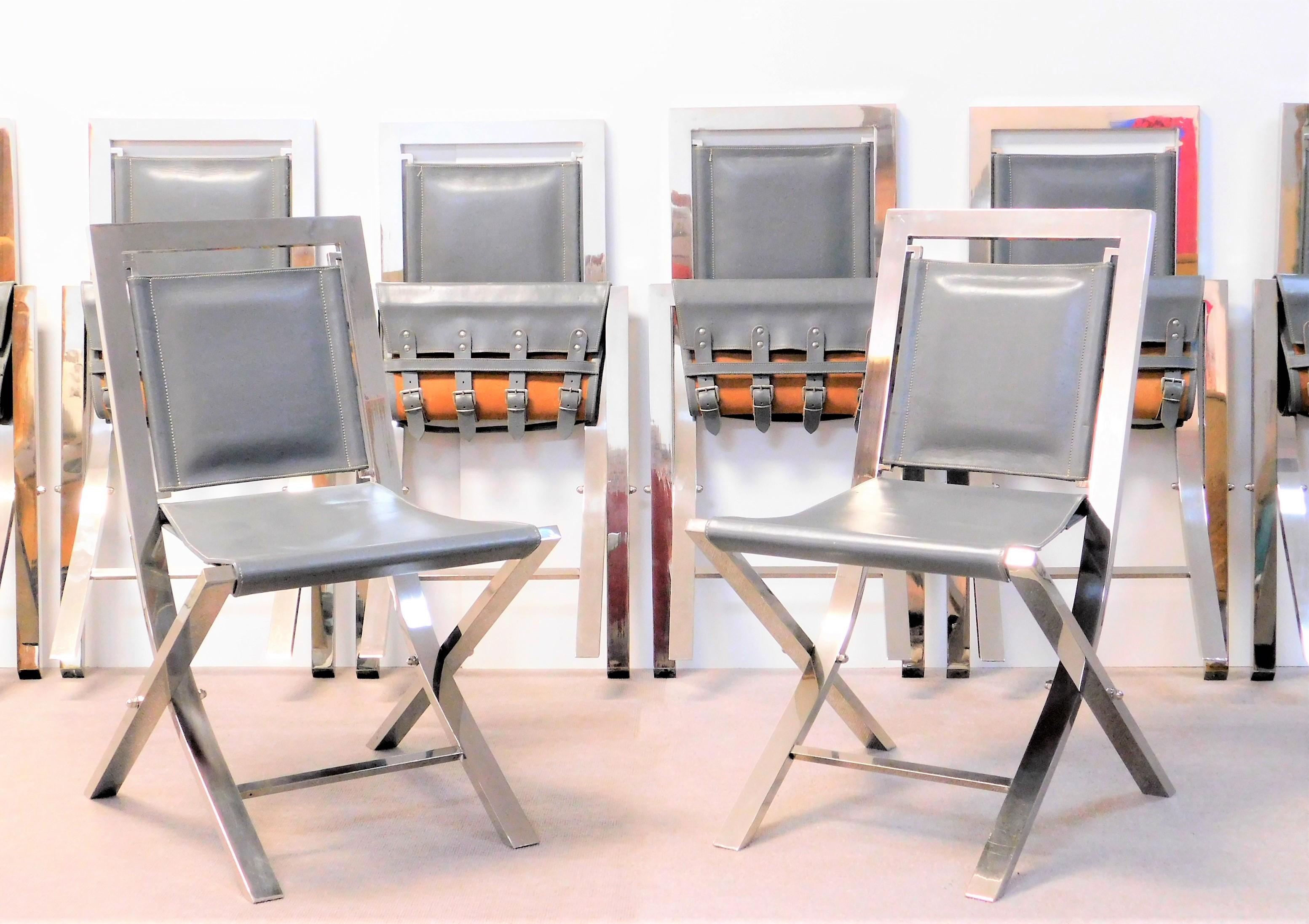 Late 20th Century Gabriella Crespi Set of 8 Sedia 73 Gray Leather Chairs For Sale