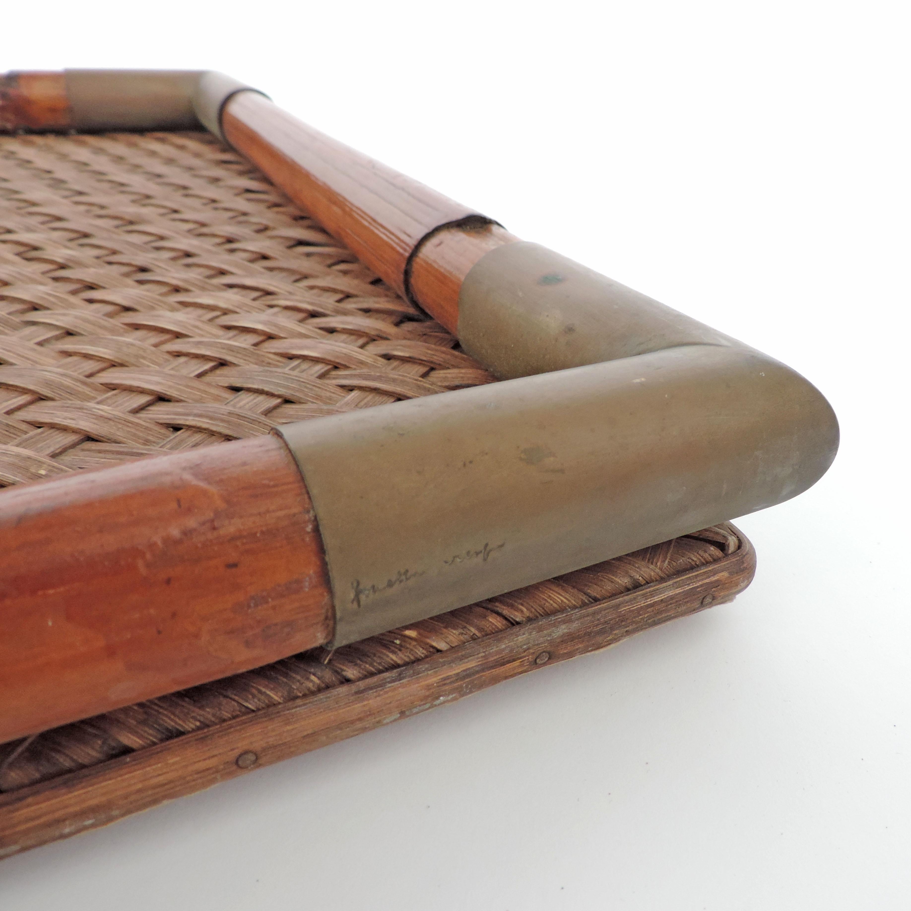 Mid-Century Modern Gabriella Crespi Signed Bamboo, Rattan and Brass Tray, Italy, 1970s