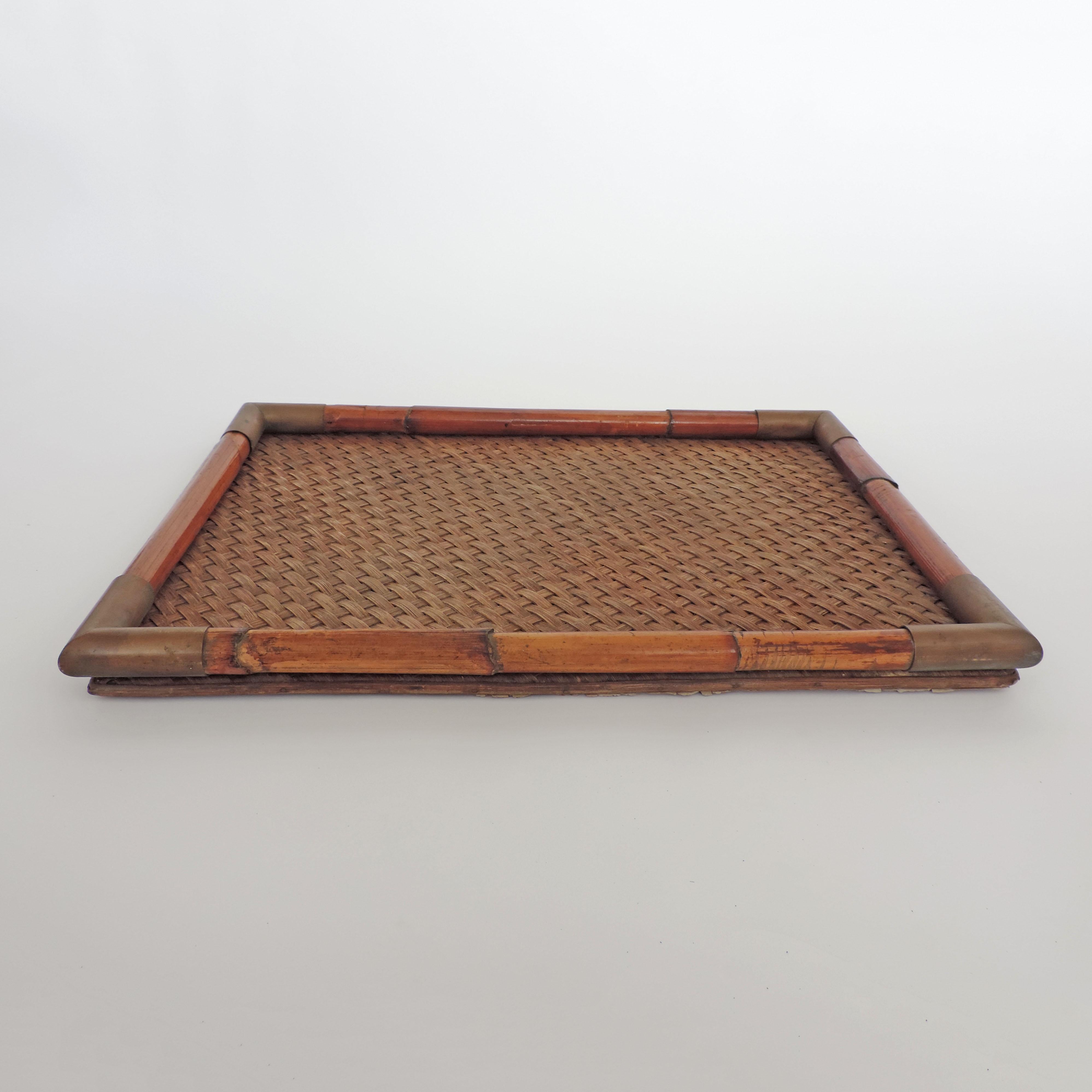 Italian Gabriella Crespi Signed Bamboo, Rattan and Brass Tray, Italy, 1970s