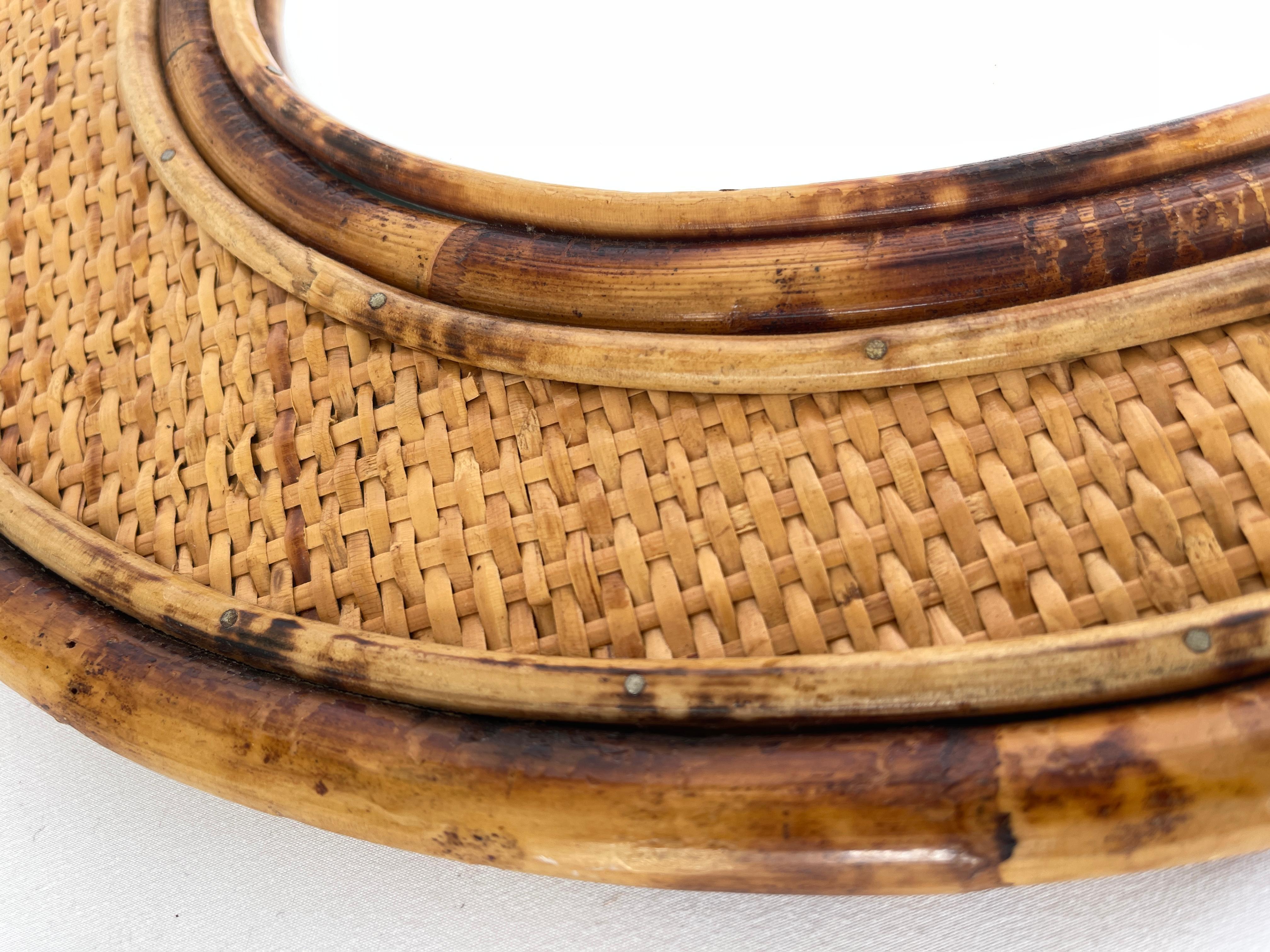 Late 20th Century  1970's Bamboo Framed Rattan Oval Mirror