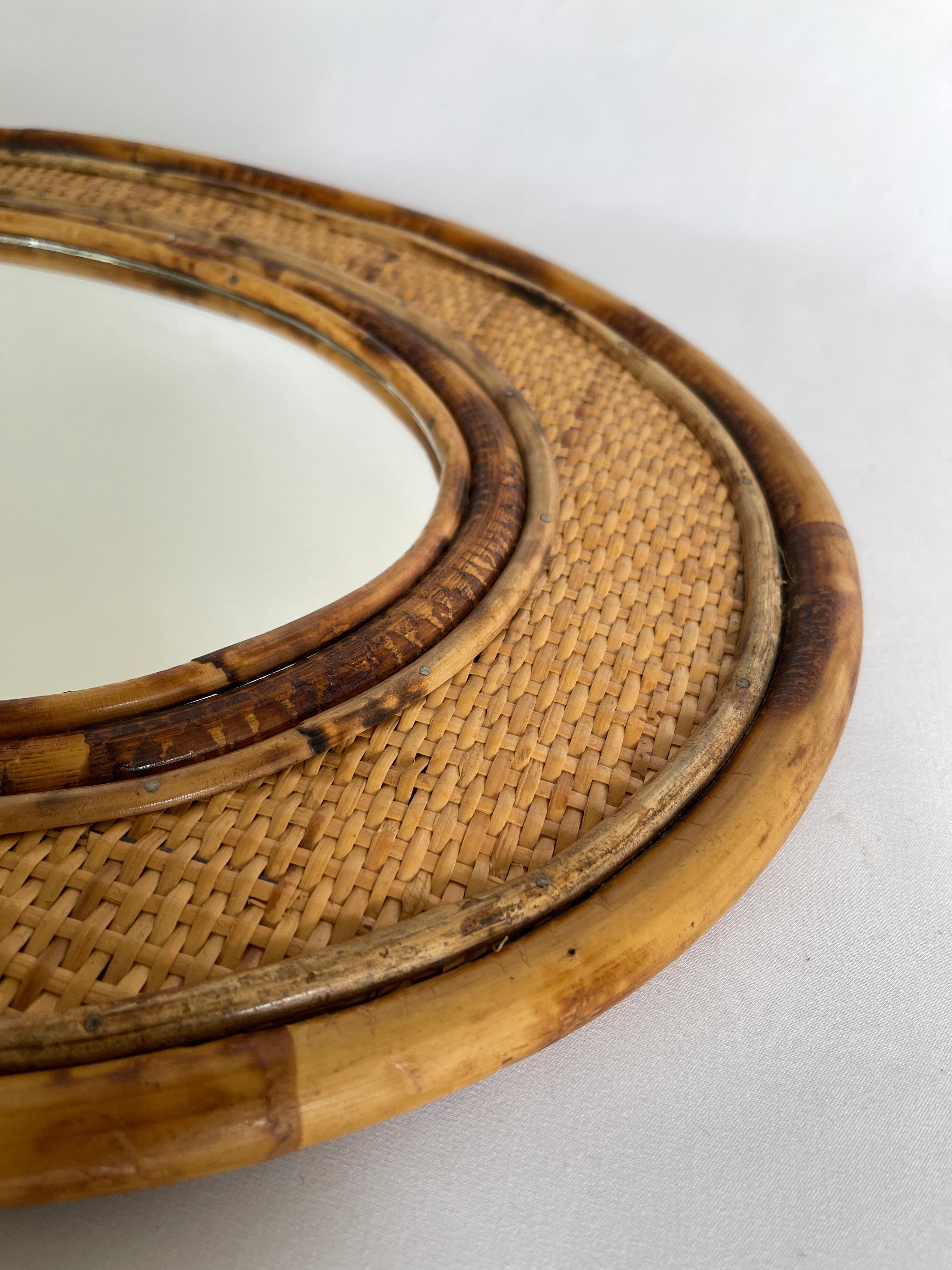  1970's Bamboo Framed Rattan Oval Mirror 1