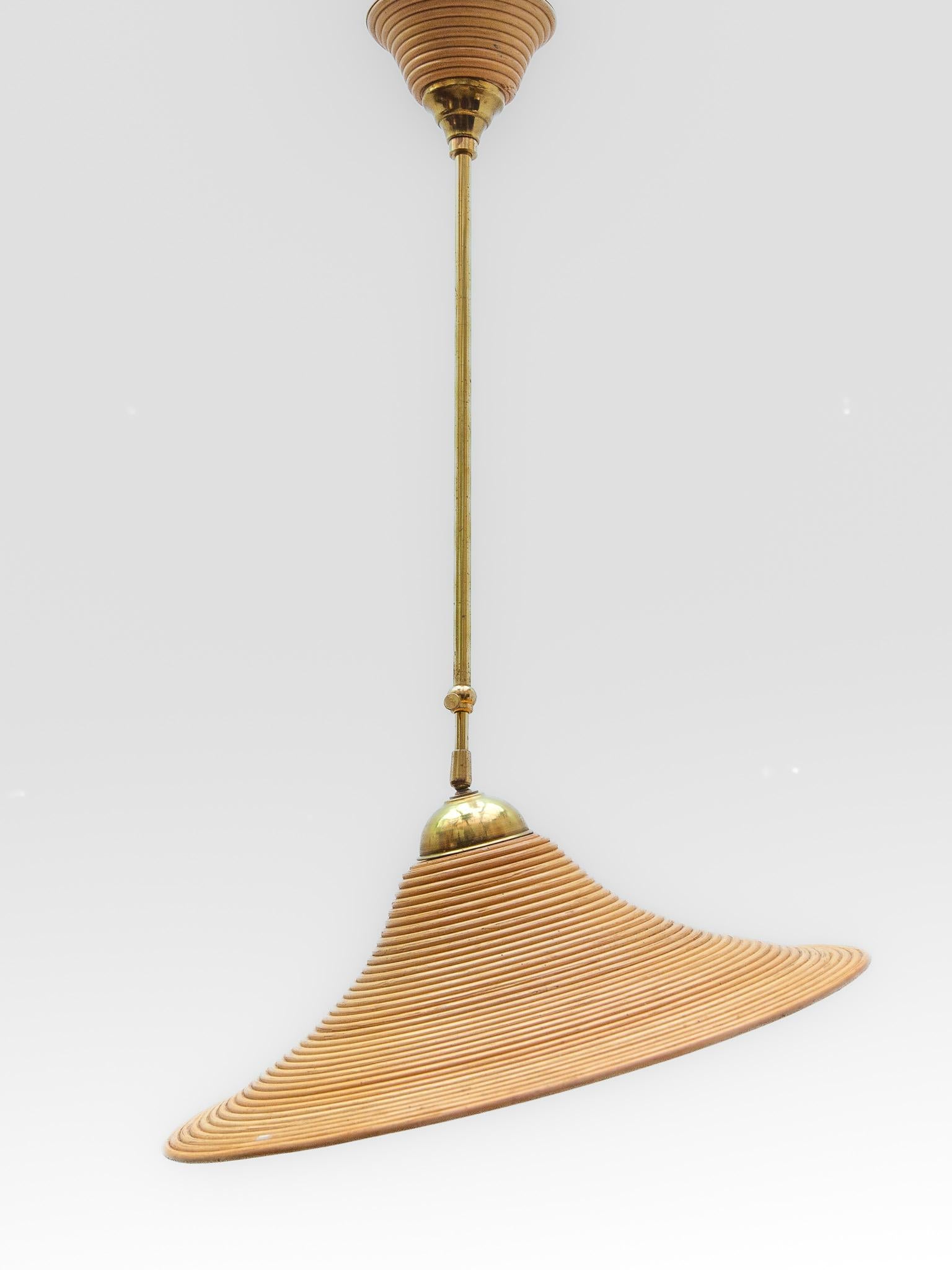 Italian Gabriella Crespi Style Adjustable Rattan Pendant Hanging Light, Italy, 1970s