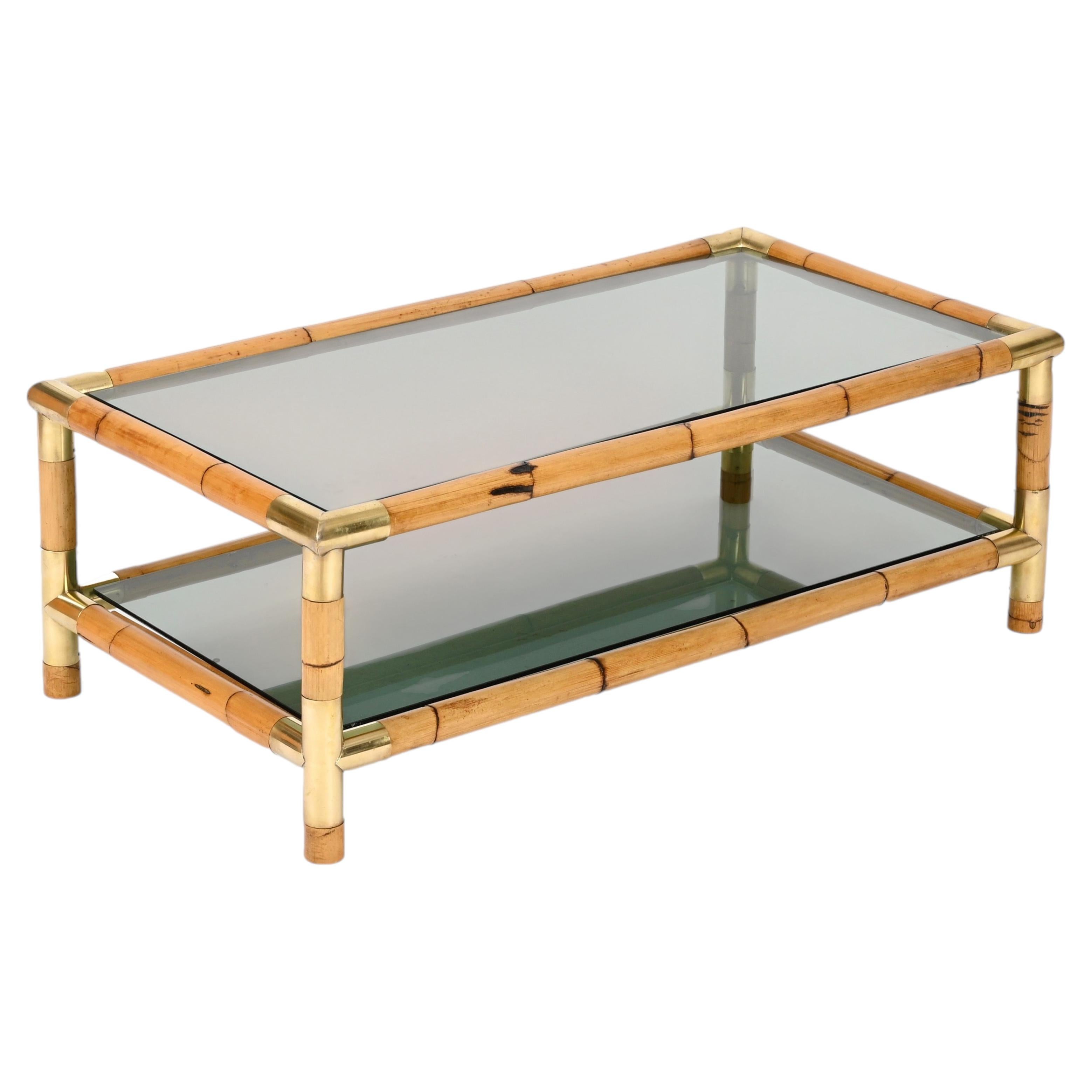 Gabriella Crespi Style Bamboo, Brass and Smoked Glass Coffee Table, Italy, 1970s
