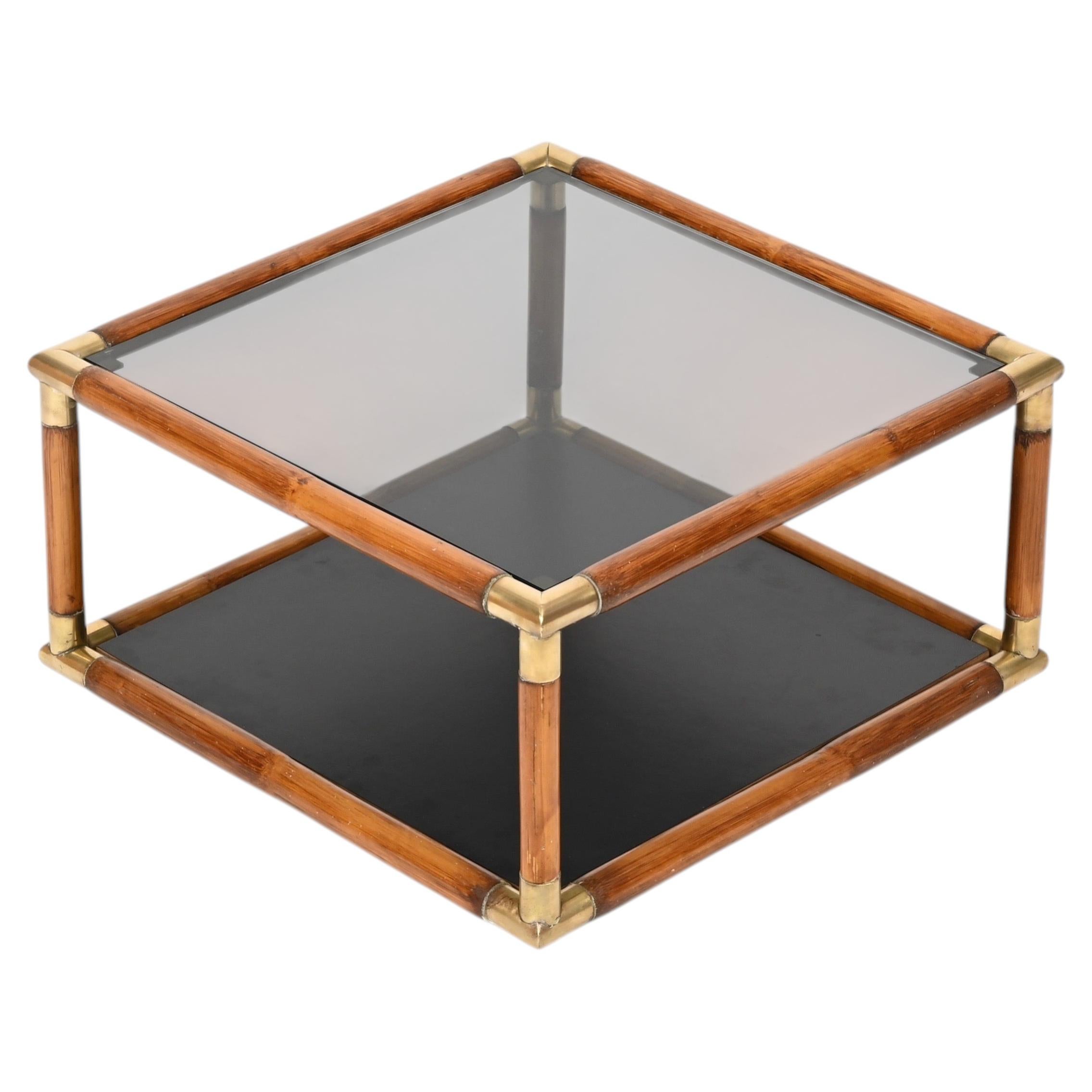 Bamboo, Brass and Smoked Glass Coffee Table, Italy, 1970s