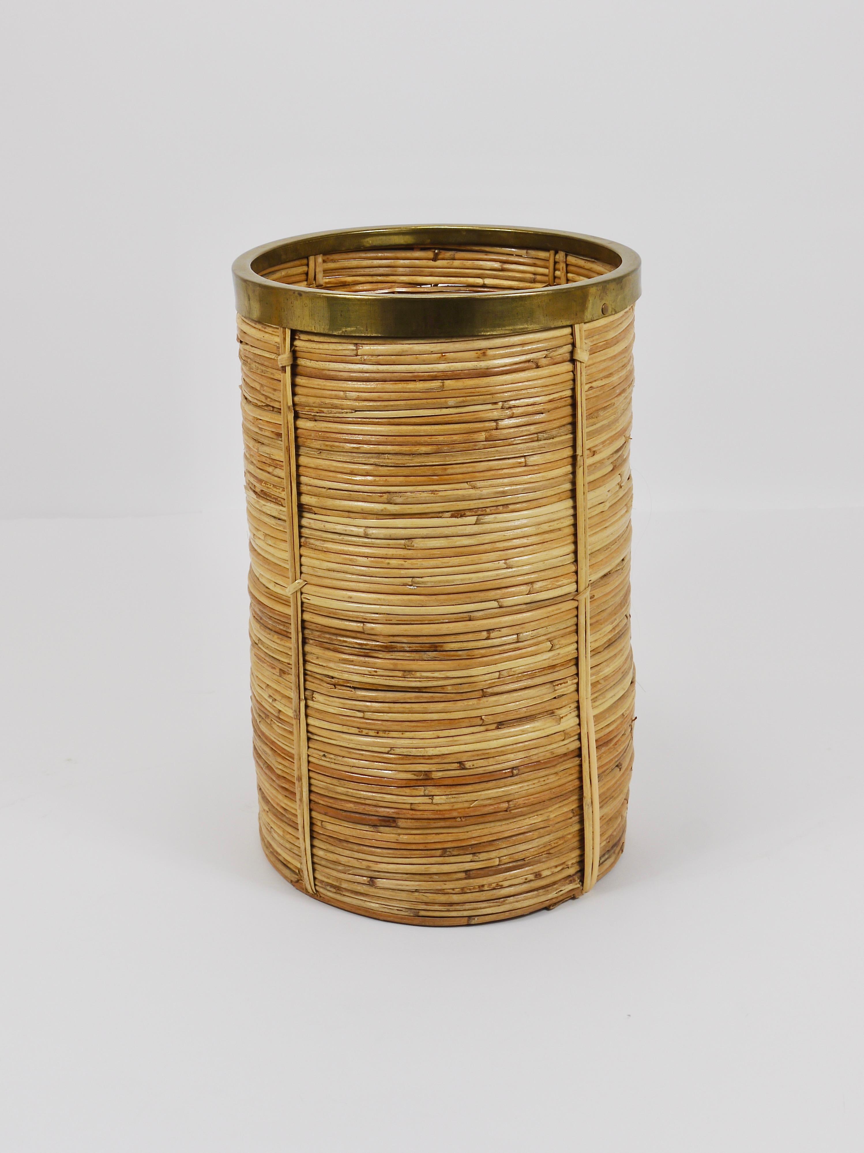 Italian Riviera Style Bamboo & Brass Paper Basket Umbrella Stand, Italy, 1970s For Sale